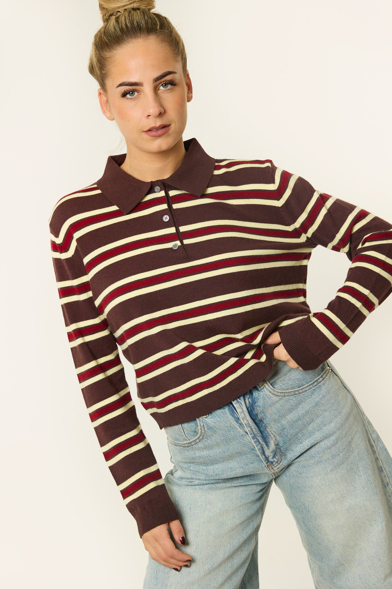 Chloe gestreepte polo longsleeve | Bruin/burgundy