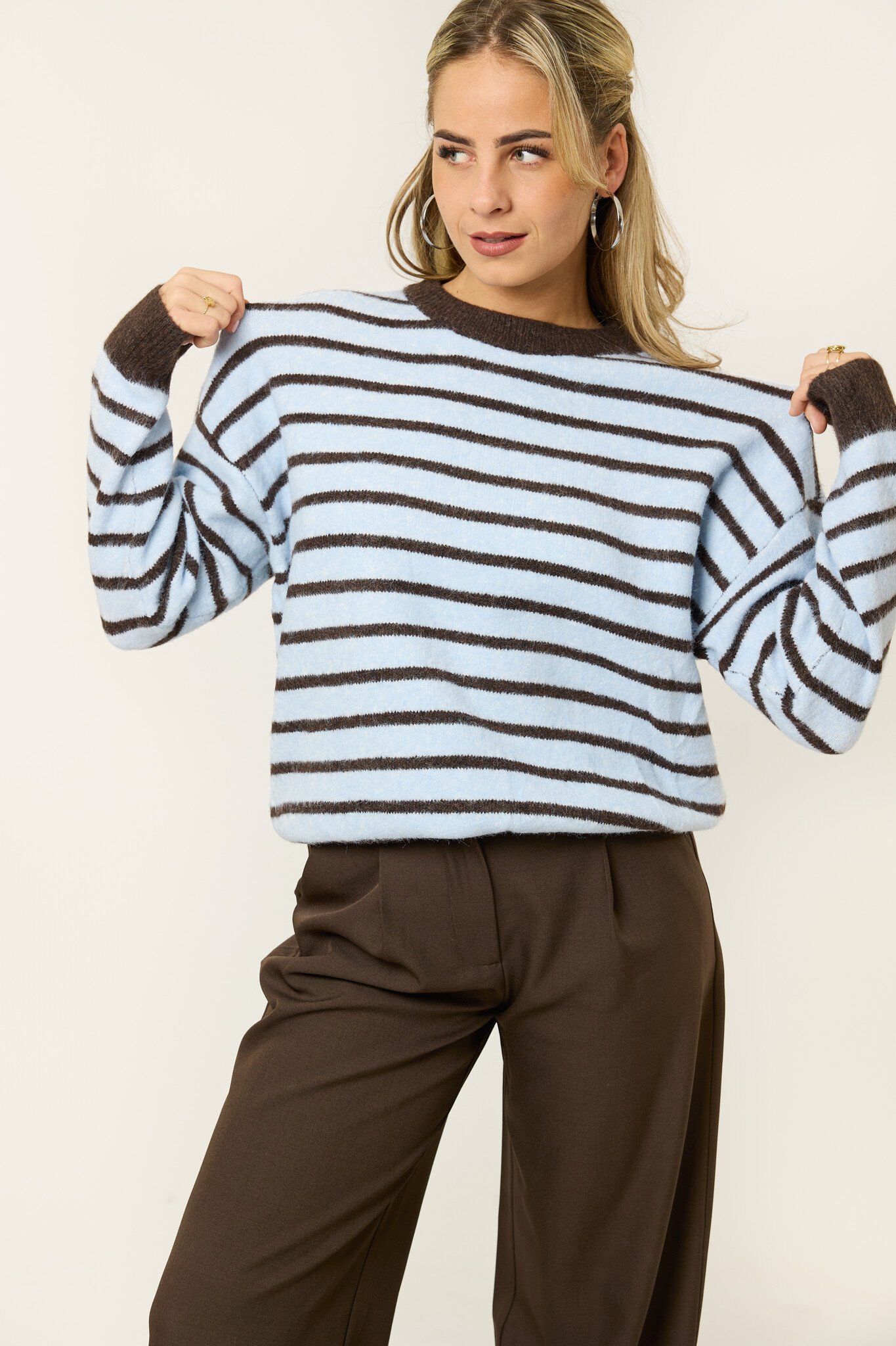 Pip streep trui | Lichtblauw/bruin