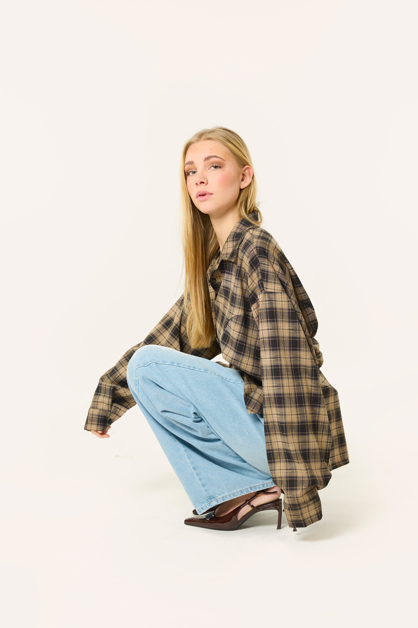 Emma ruitjes blouse met veters | Camel/zwart