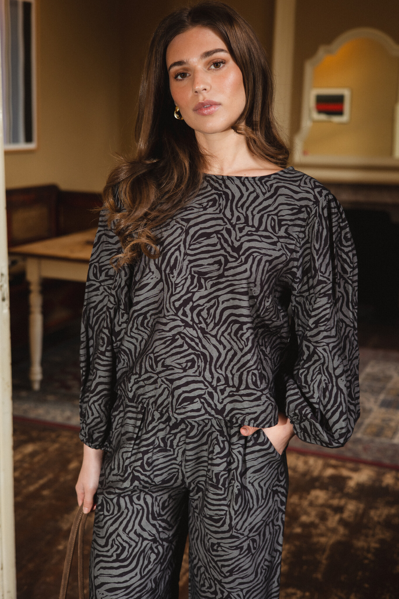 Claire zebra print top | Zwart