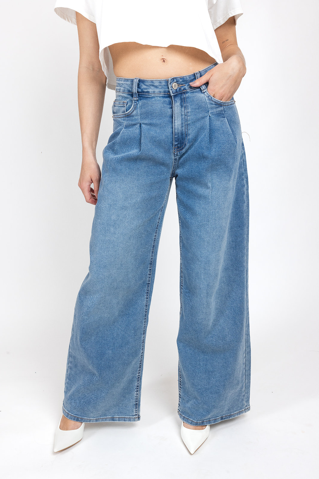 Wide leg jeans met plooien | Denimblauw
