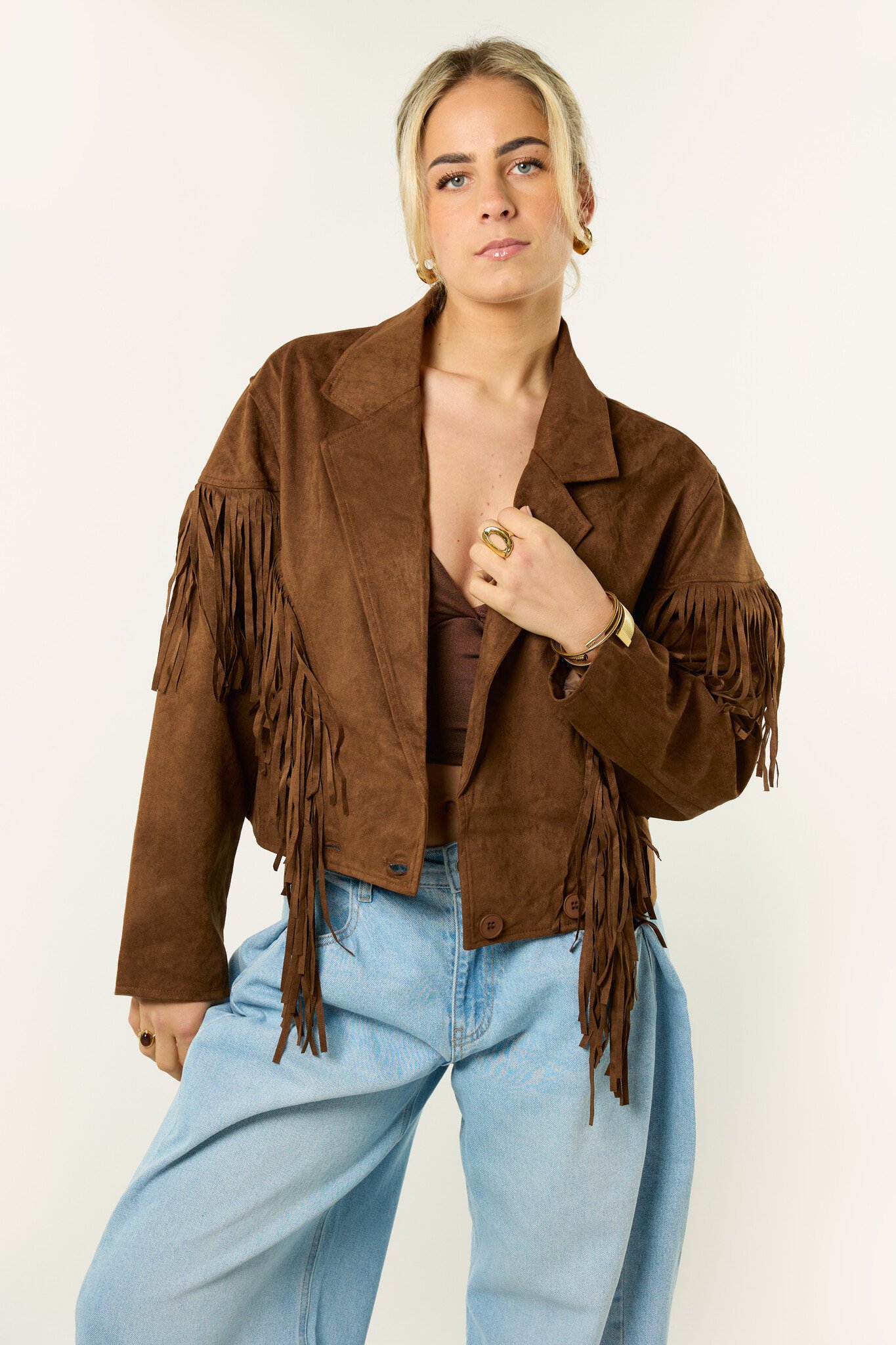 Sadie korte blazer met franjes | Bruin