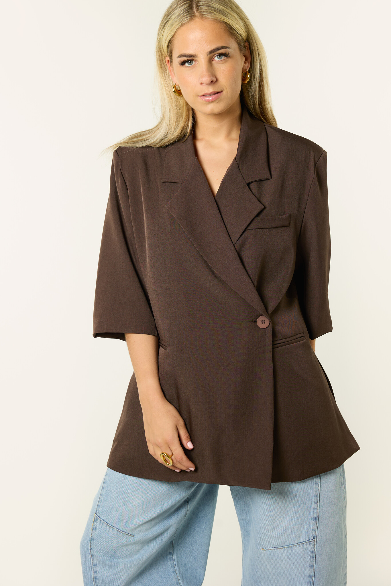 Soof blazer met korte mouw | Bruin