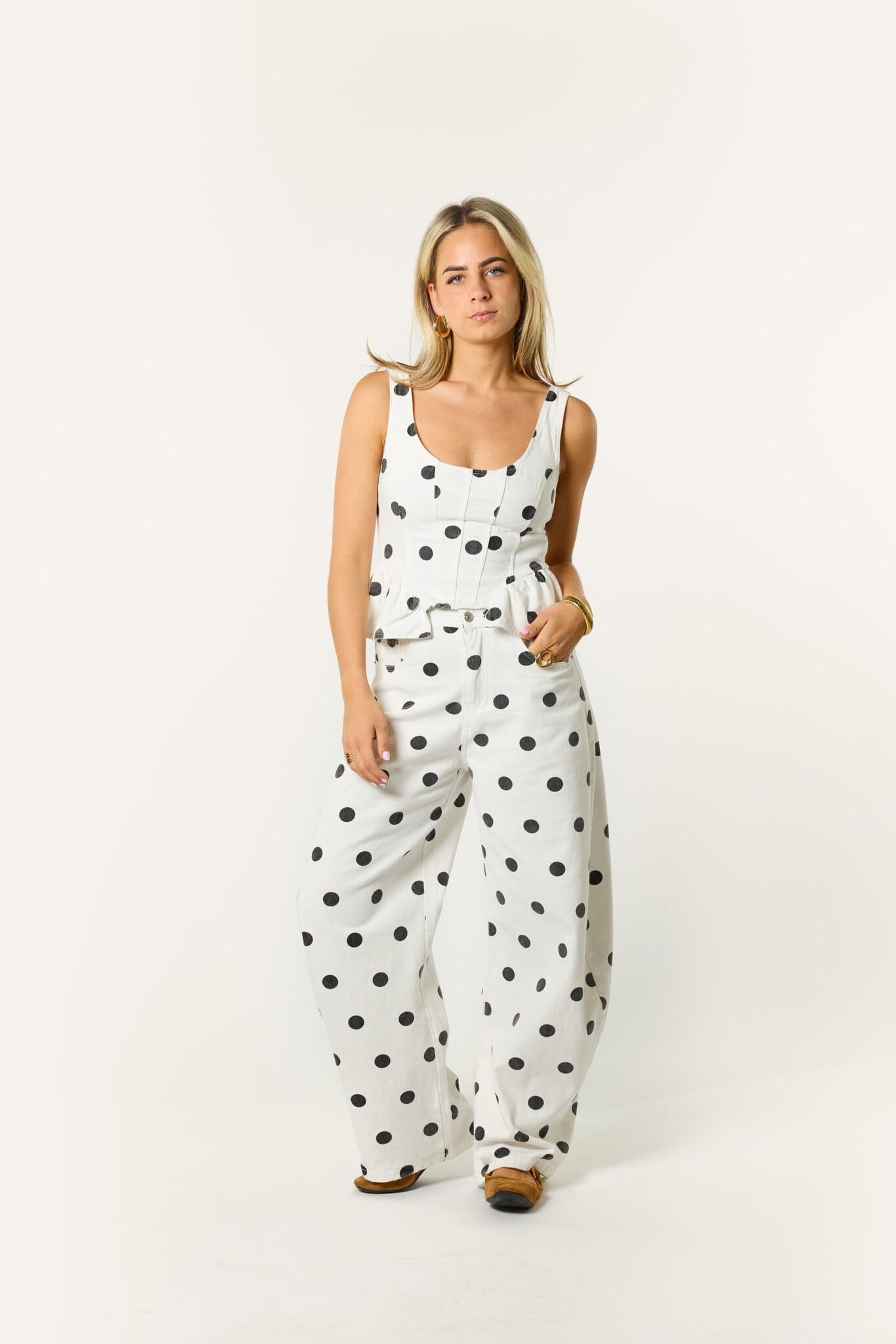 Lola denim stippen balloon jeans | Wit/zwart