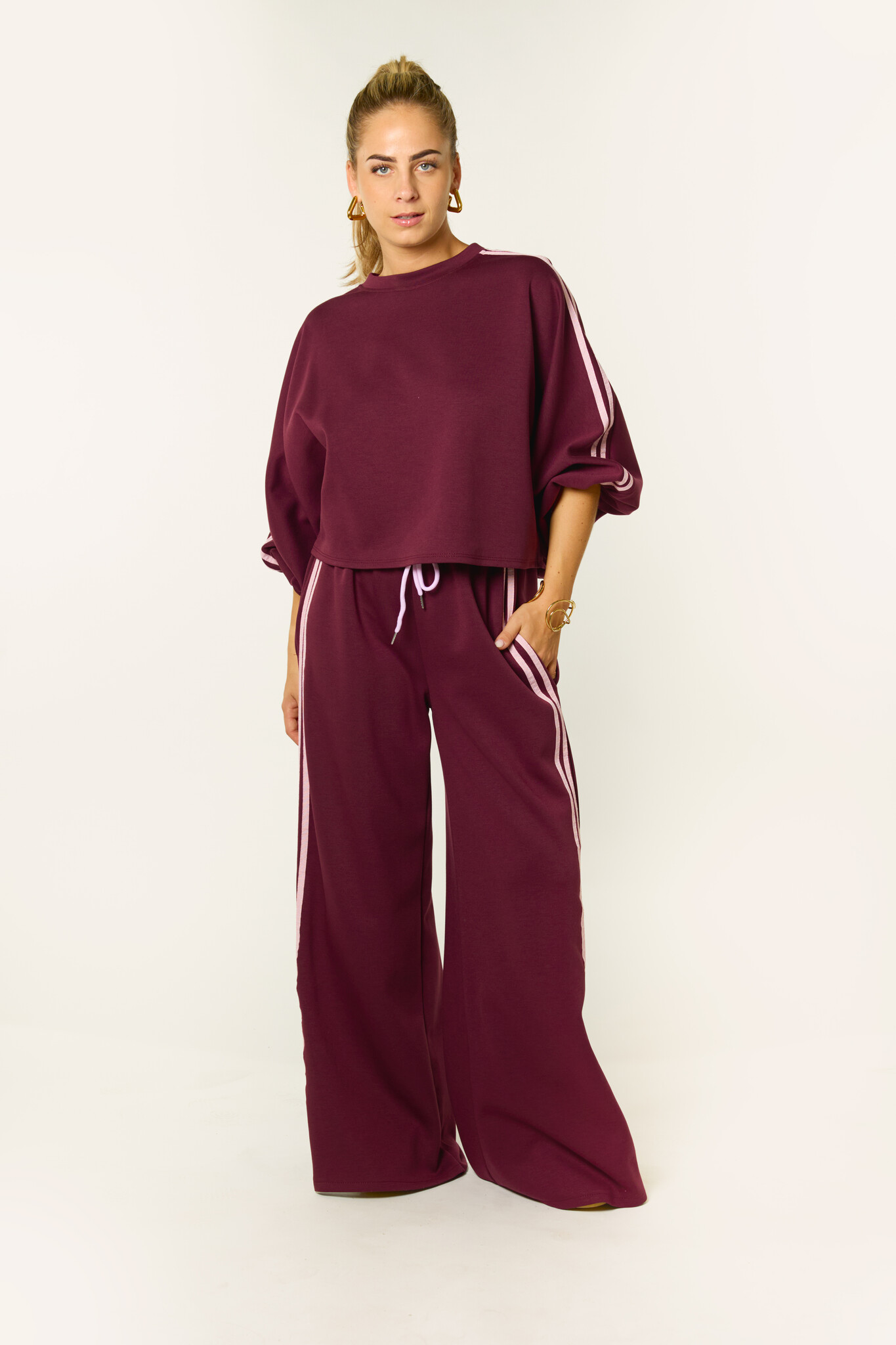 Lara comfy set met streep | Burgundy/roze