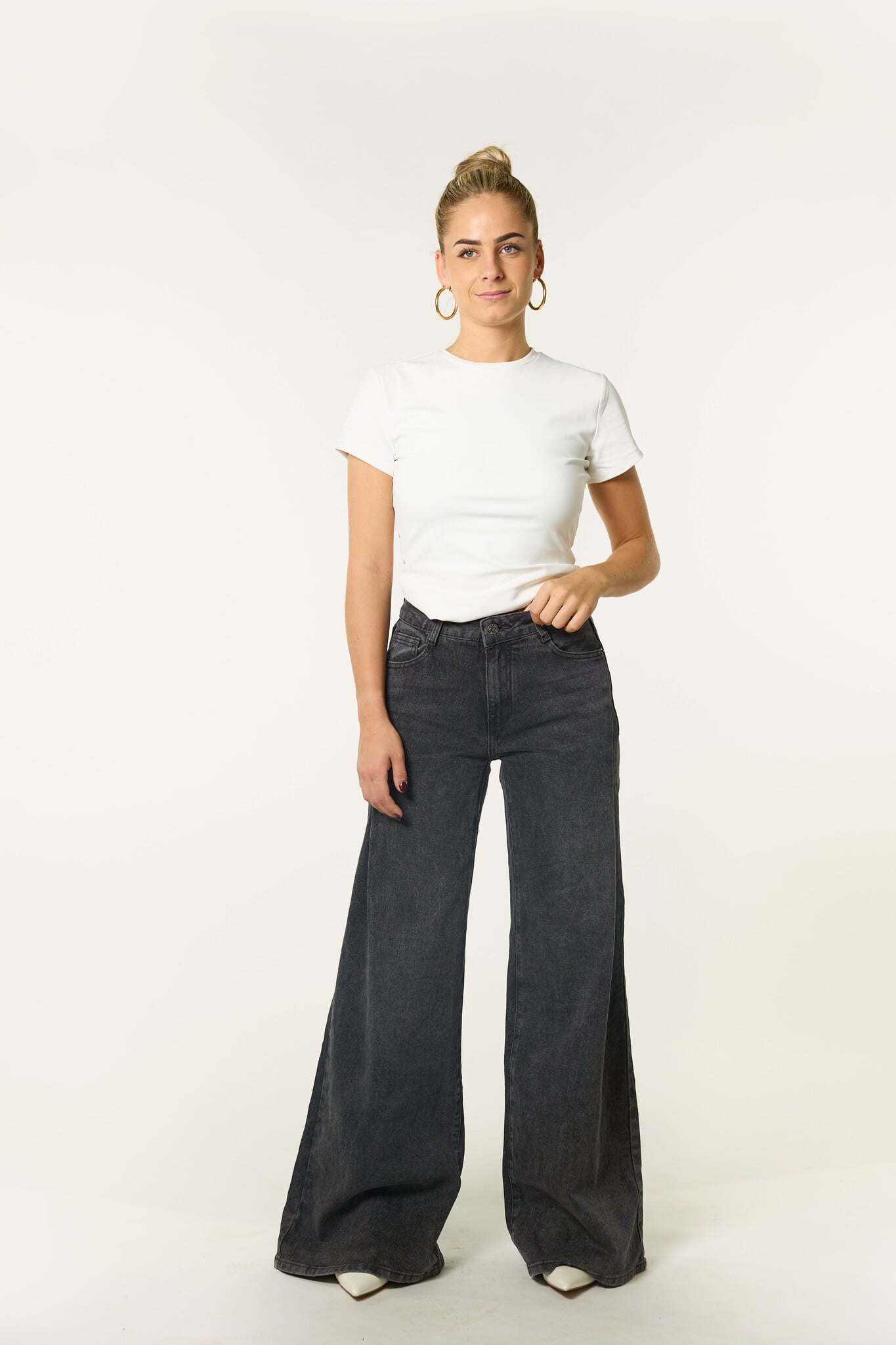 Extra lange mid waist wide leg jeans | Grijs