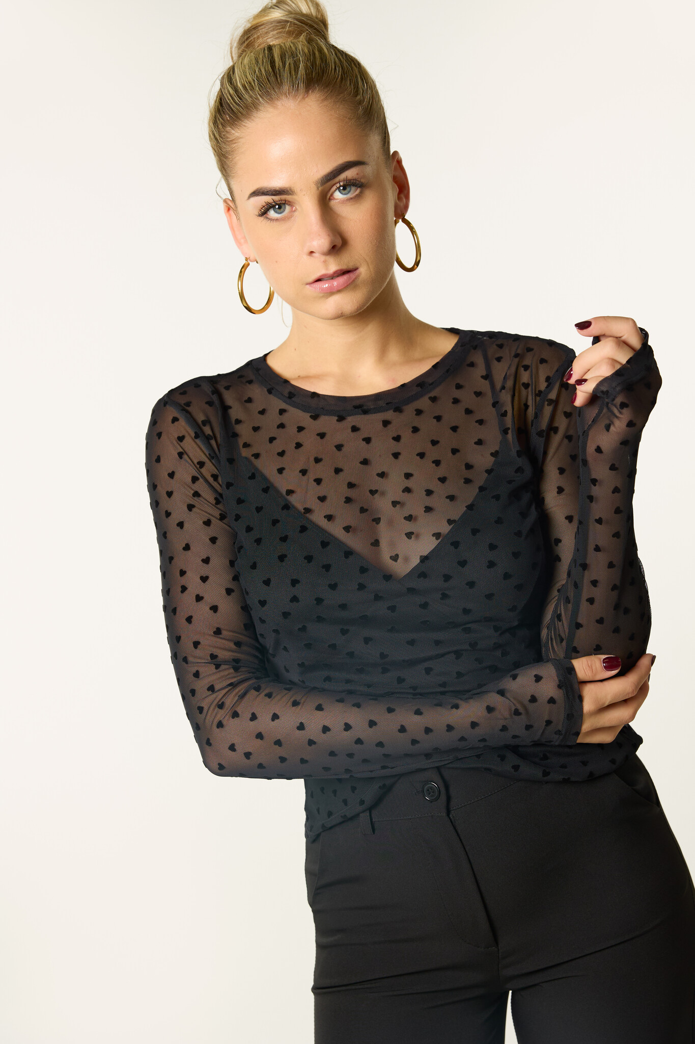 Charlot mesh top met hartjes | Zwart
