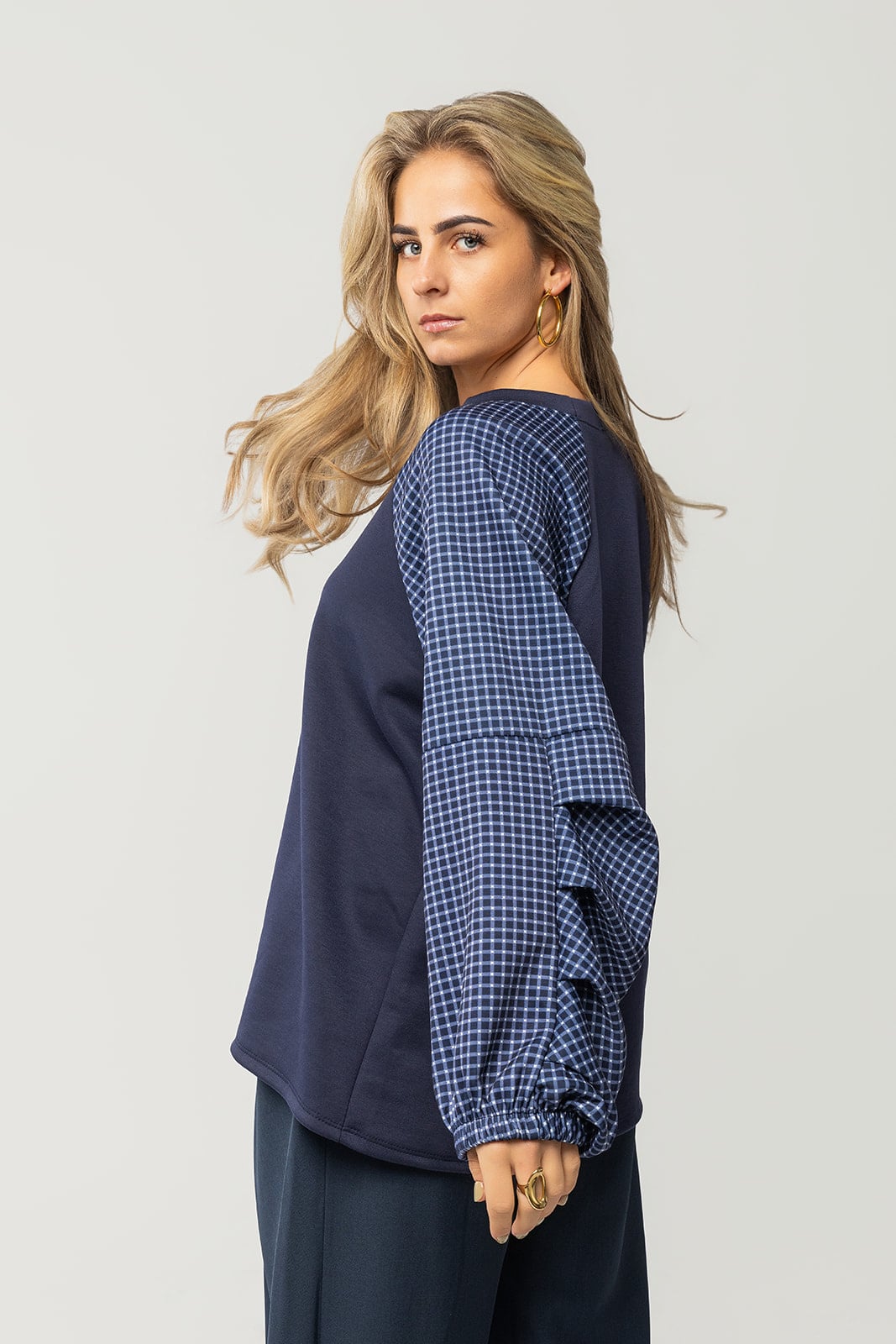 Kaylee trui met ruitjes mouw | Blauw