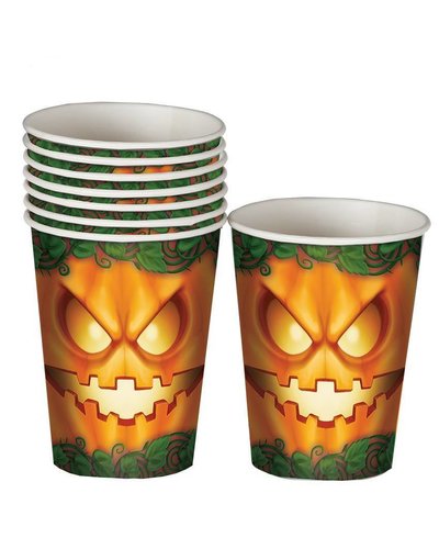 Fiestas Guirca Halloween Becher mit Kürbis-Gesicht grün-orange - 8 Stück