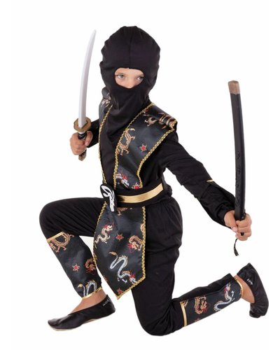 Magicoo Ninja Kinderkostüm schwarz-gold mit Drachen-Muster