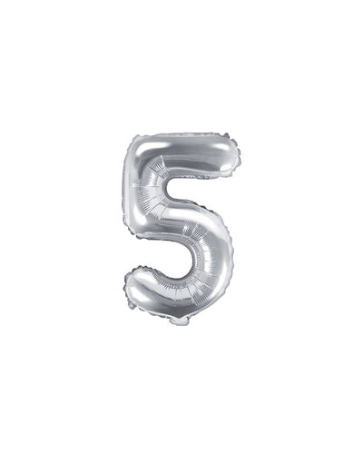 PartyDeco Folienballon Zahl "5" Silber - 35 cm