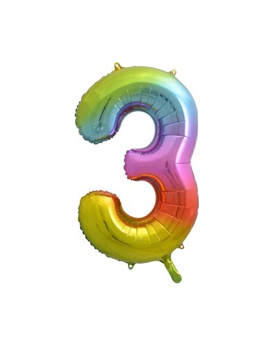PartyDeco Folienballon Zahl "3" Regenbogenfarbe - 85 cm