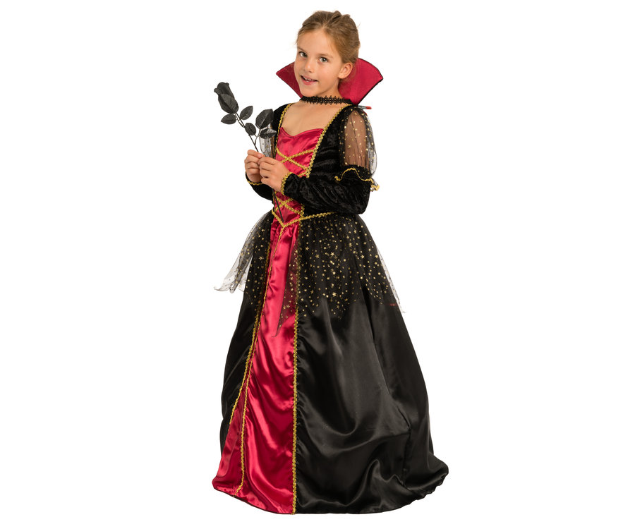 Süße Vampirin-Kinderkostüm Für Mädchen – Schwarz-rot Mit Kleid & Stehkragen, Größe 134/140 (10-12 Jahre)