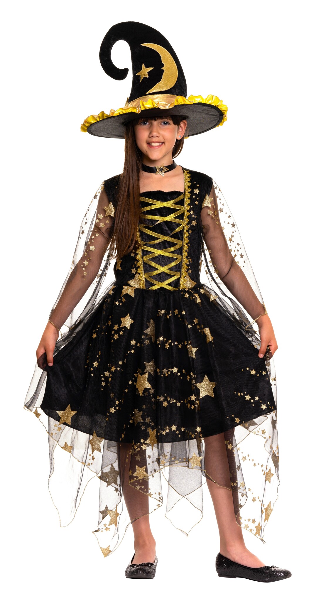 Hexenkostüm Für Mädchen – 4-teilig Mit Kleid, Hut, Tasche & Zauberstab – Elegantes Halloween-Outfit Für Party & Verkleidung
