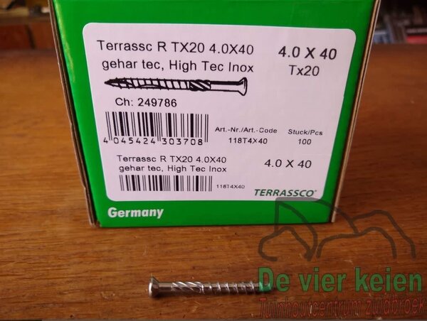 Hardhout Terrassco RVS schroef  4x40 mm 100st