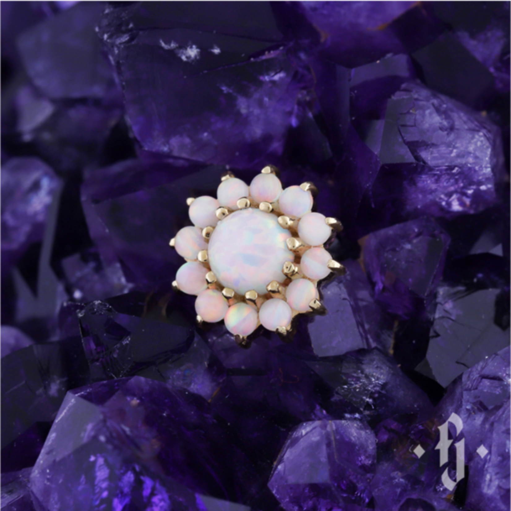 Inkorporated Imbrem with synthetic white opals 14k solid gold