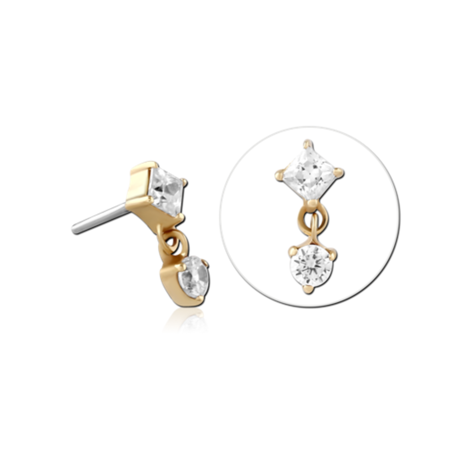 Inkorporated Princess 2mm with dangle round 2mm cubic zirconias 14k solid gold