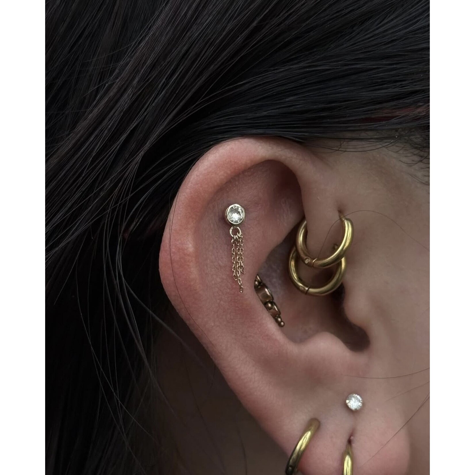 Inkorporated Bezel 3mm cubic zirconia with multi chain drop (4,5mm) 14k solid gold