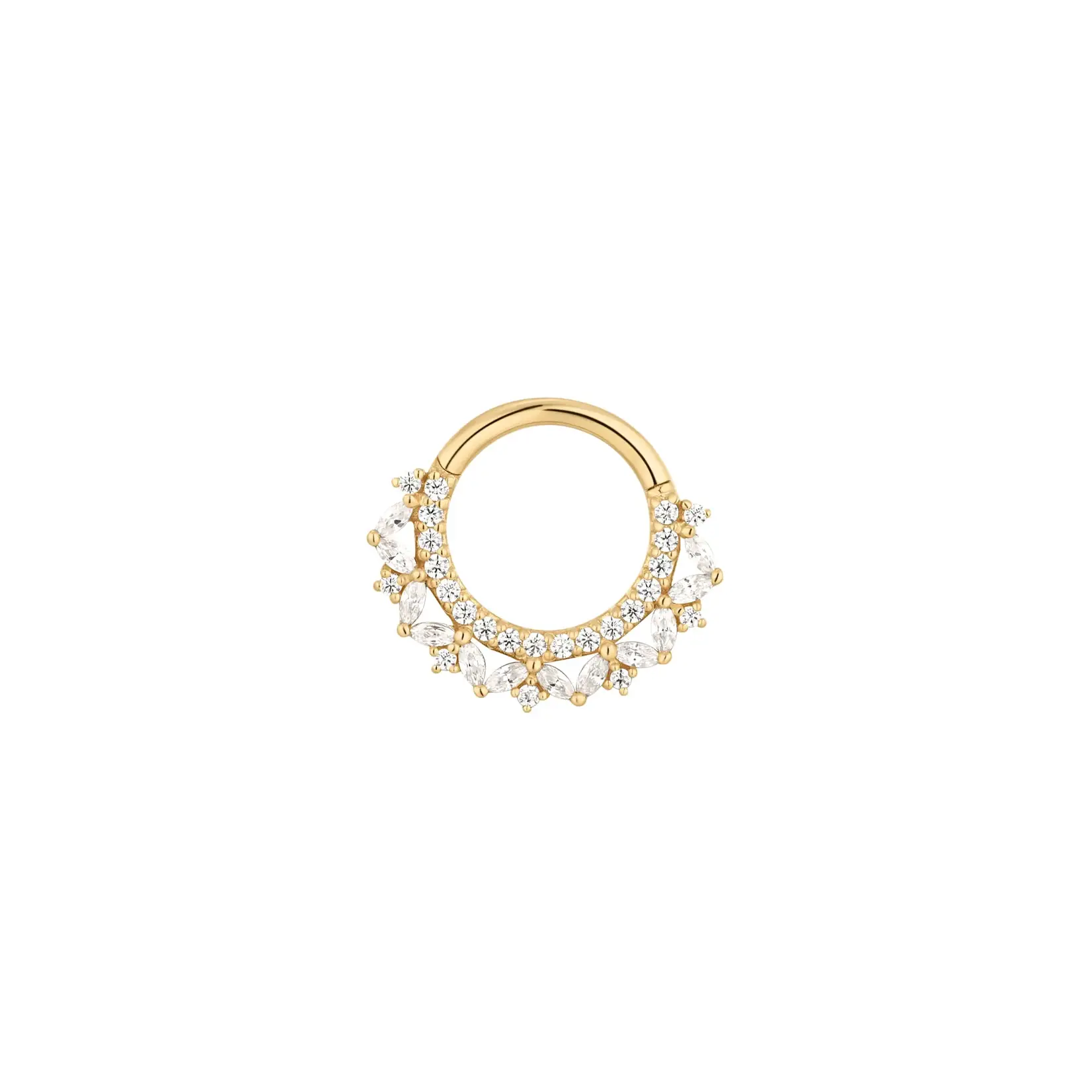 Buddha jewelry Heartthrob 8mm clicker with round and marquise cubic zirconia yellow gold