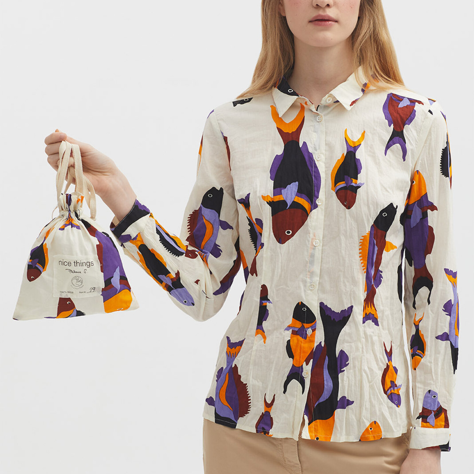 NICE THINGS NICE THINGS PARROT FISH PRINT BASIC SHIRT ECRU