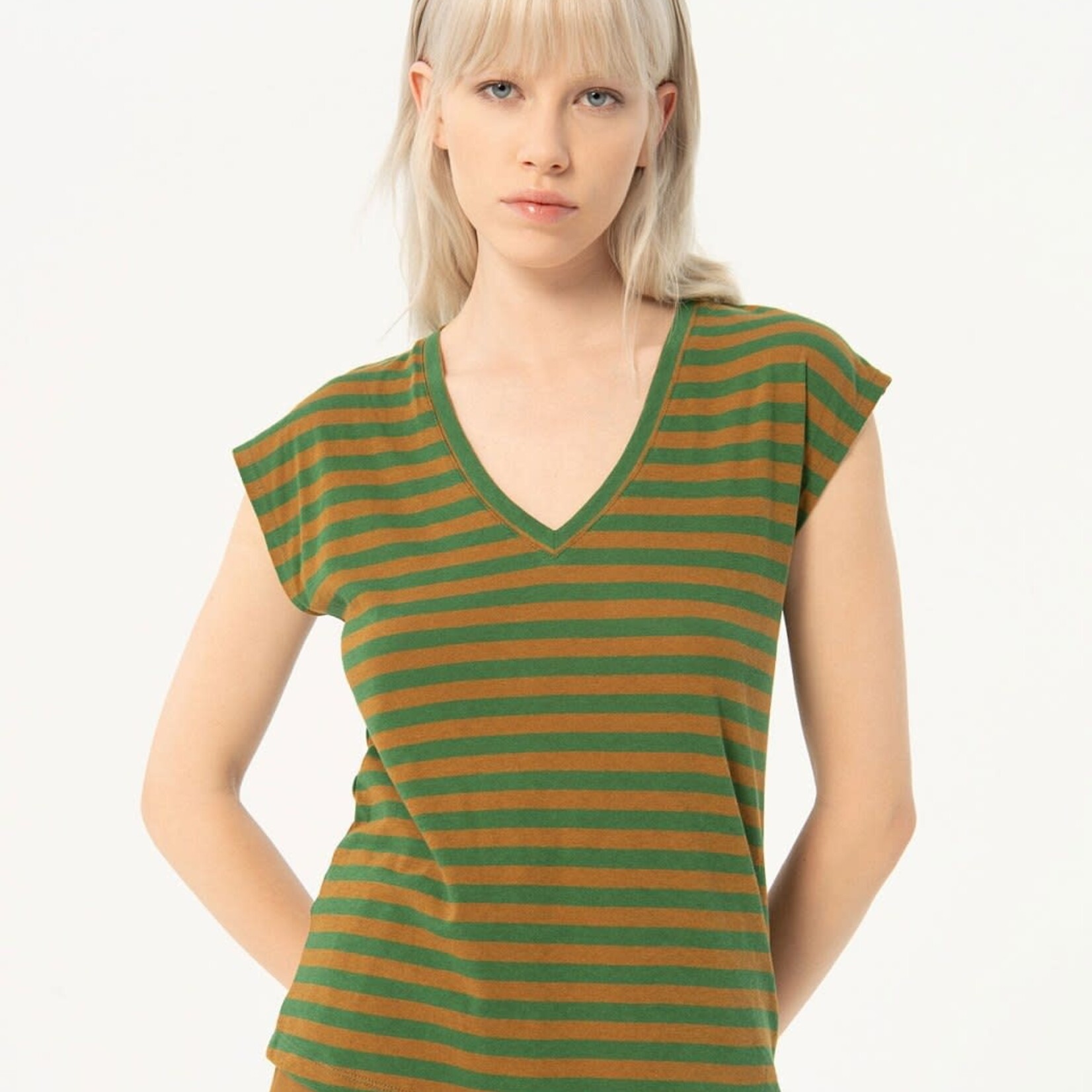 SURKANA SURKANA  WIDE STRIPED T SHIRT KHAKI