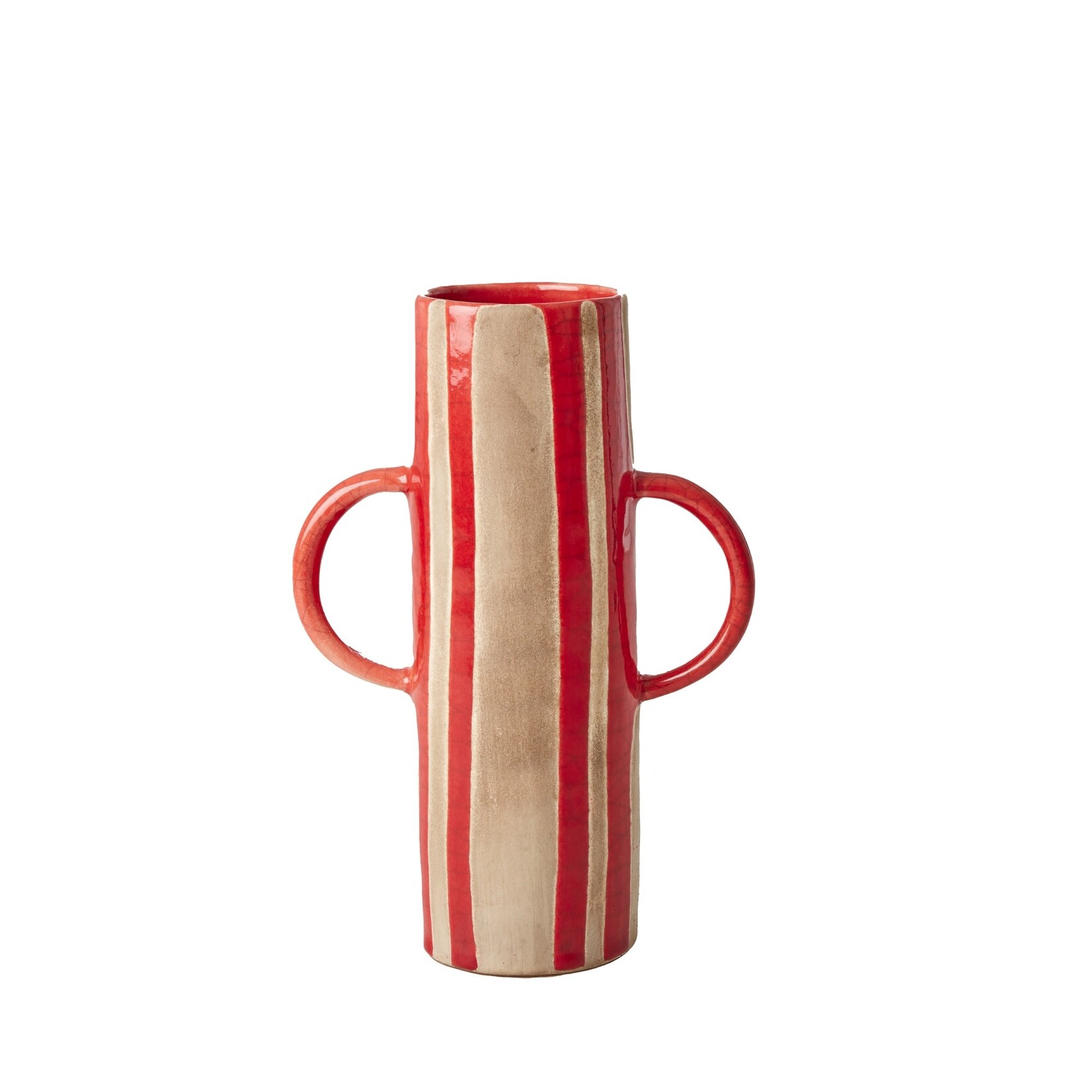 RICE RICE CERAMIC FLOWER VASE RED STRIPES & CRACKLED LOOK