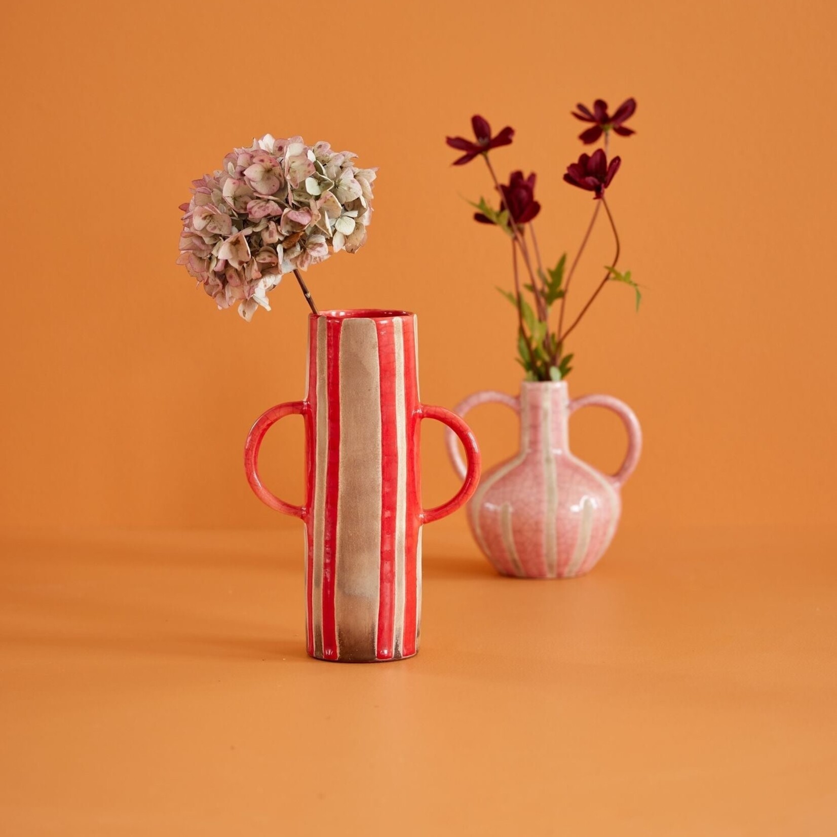 RICE RICE CERAMIC FLOWER VASE RED STRIPES & CRACKLED LOOK