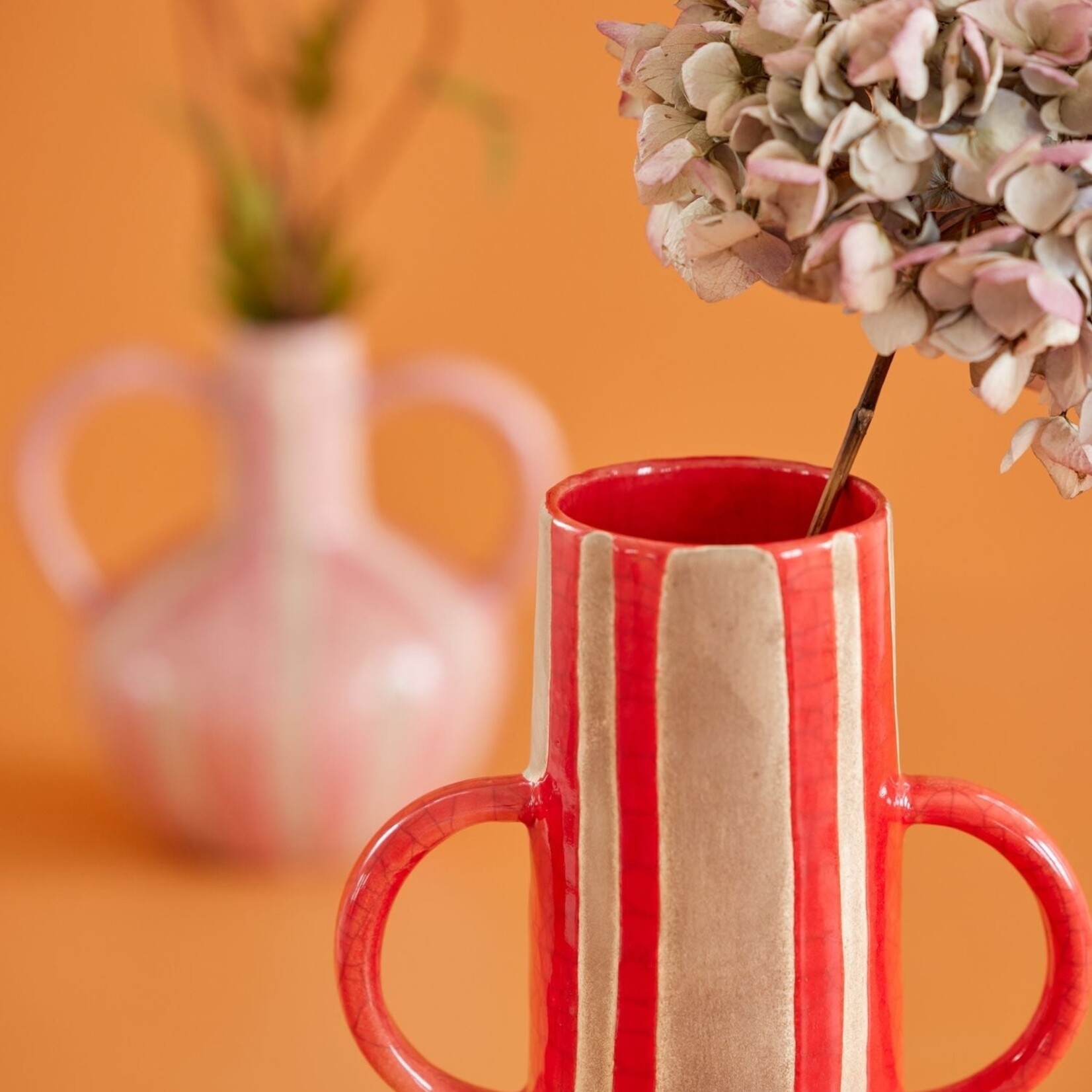 RICE RICE CERAMIC FLOWER VASE RED STRIPES & CRACKLED LOOK