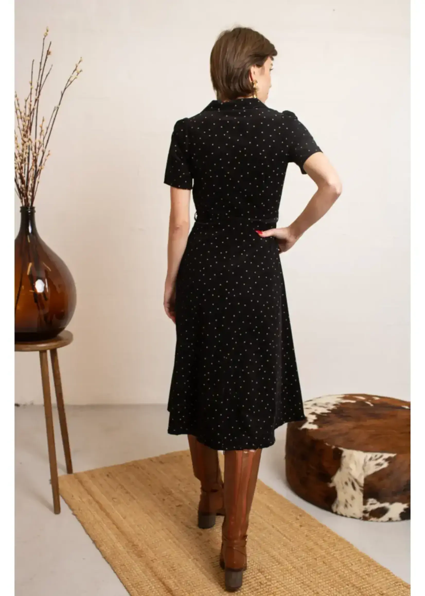 VERY CHERRY VERY CHERRY REVERS DRESS MIDI CORDUROY DOTS BLACK ECRU