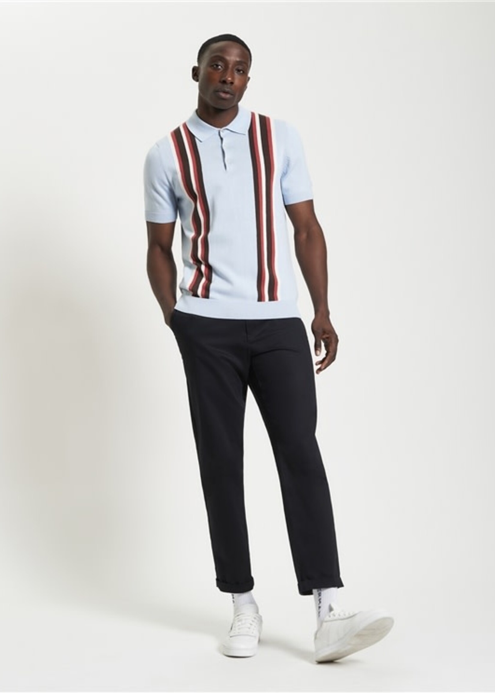 BEN SHERMAN BEN SHERMAN VERTICAL STRIPE KNITTED POLO ICE BLUE
