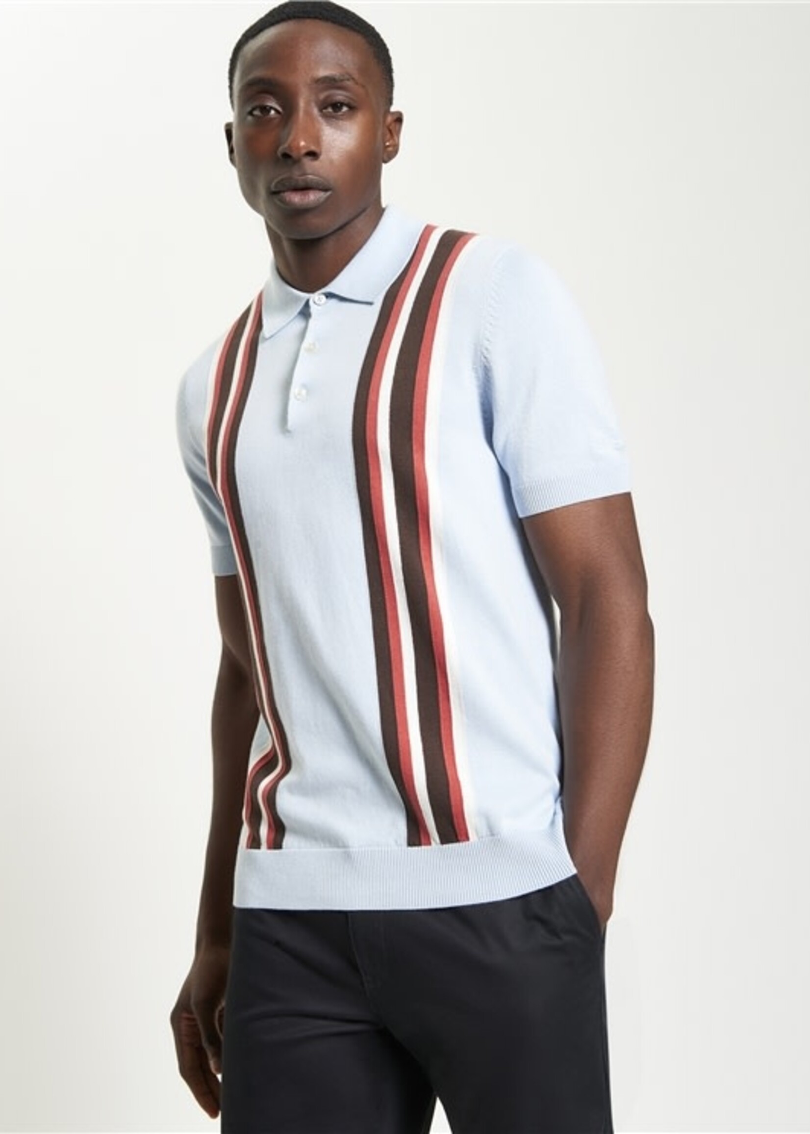 BEN SHERMAN BEN SHERMAN VERTICAL STRIPE KNITTED POLO ICE BLUE