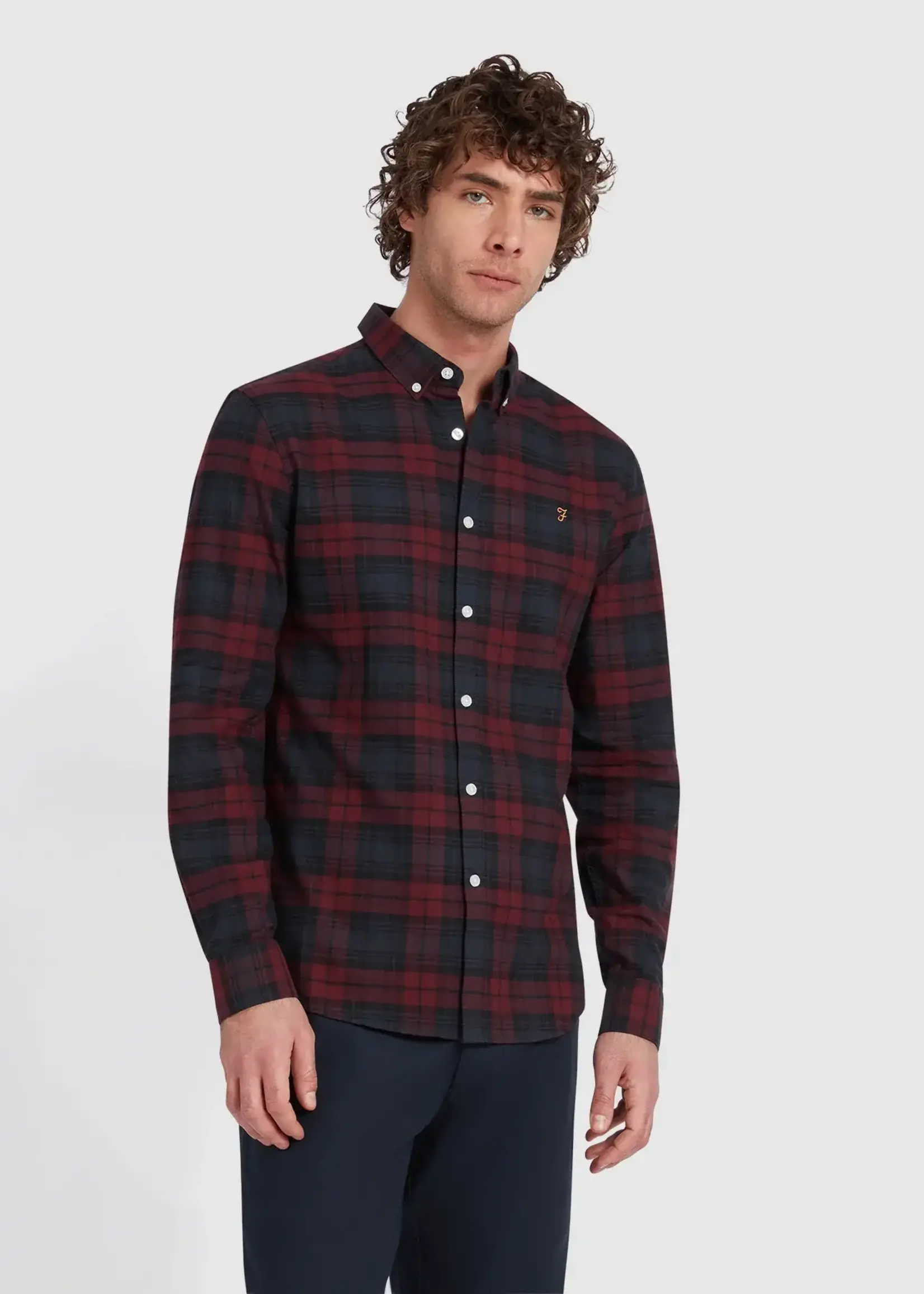 FARAH FARAH BREWER SLIM FIT ORGANIC COTTON OXFORD CHECK SHIRT RED