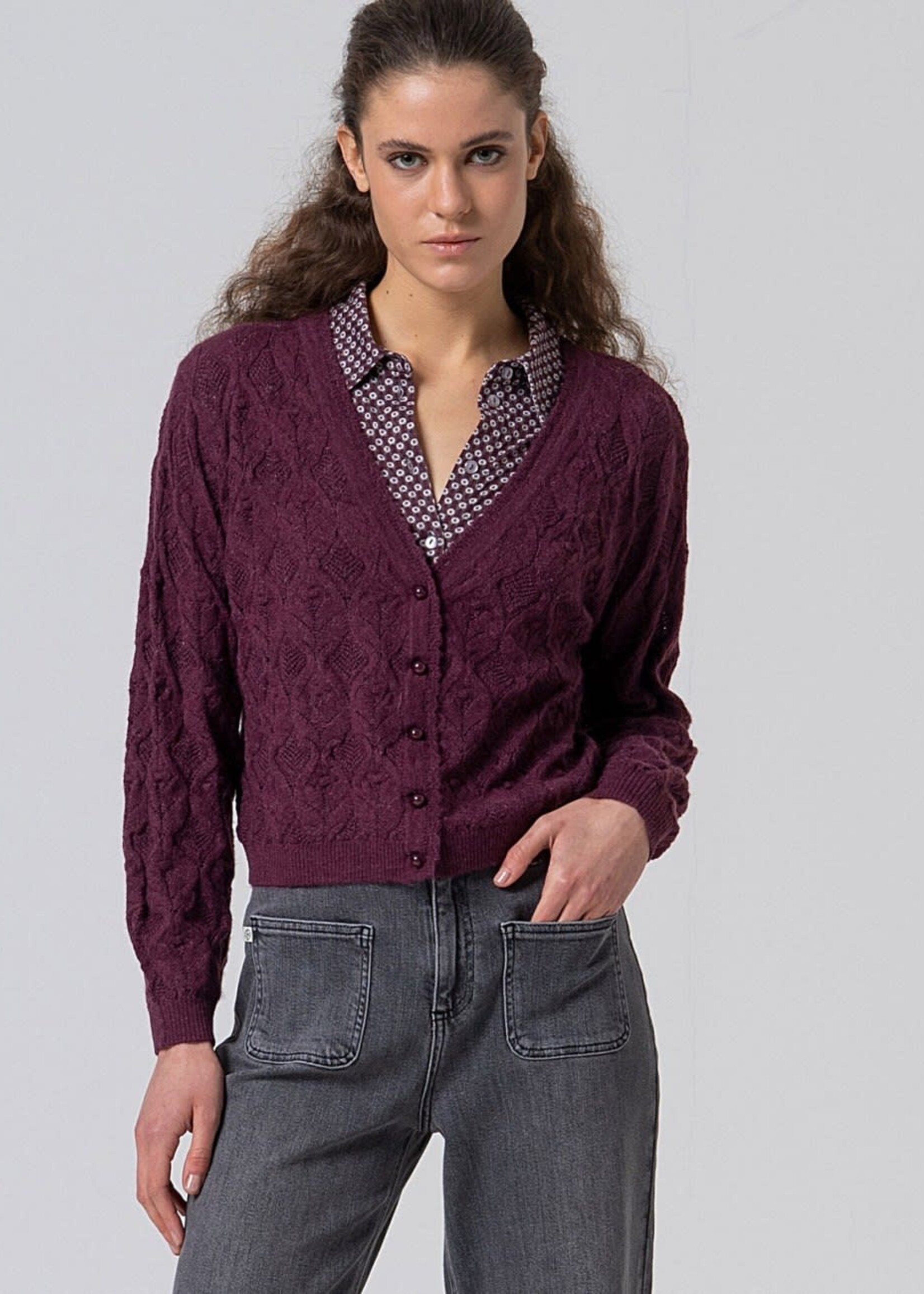SURKANA SURKANA V NECK CARDIGAN WITH FANTASY KNIT BORDEAUX
