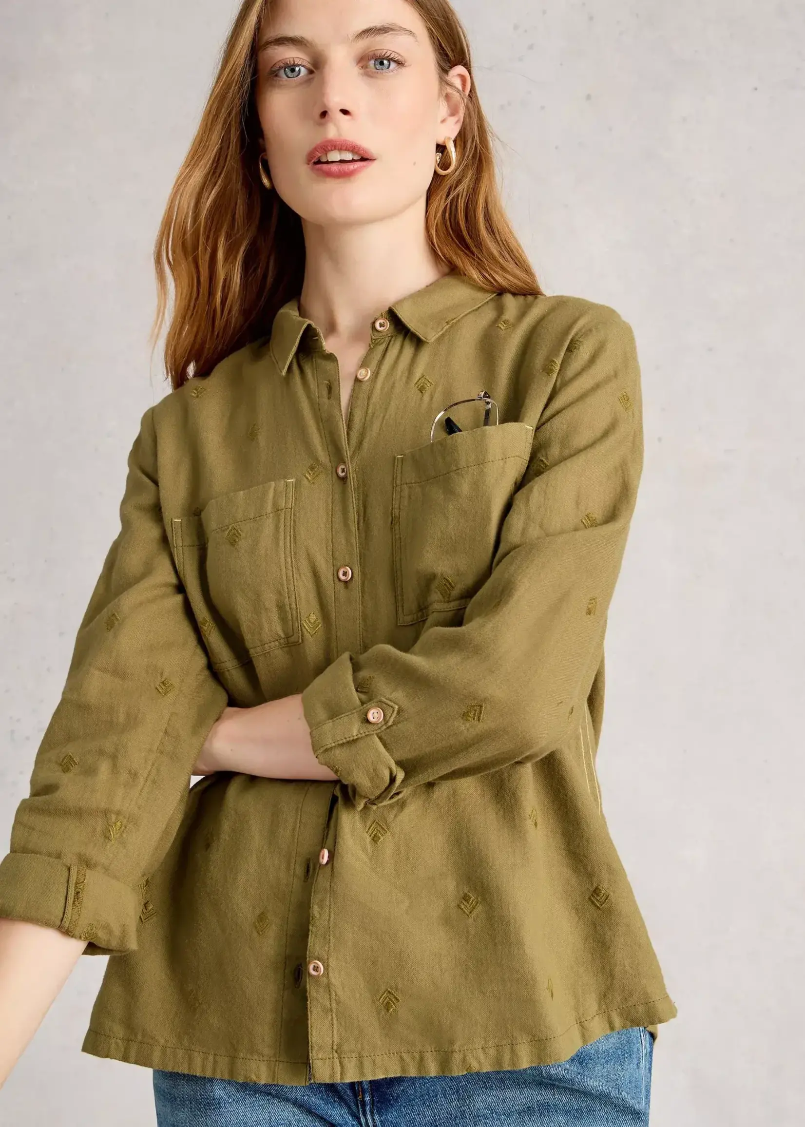 WHITE STUFF WHITE STUFF SOPHIE OC LONG SLEEVE SHIRT KHAKI