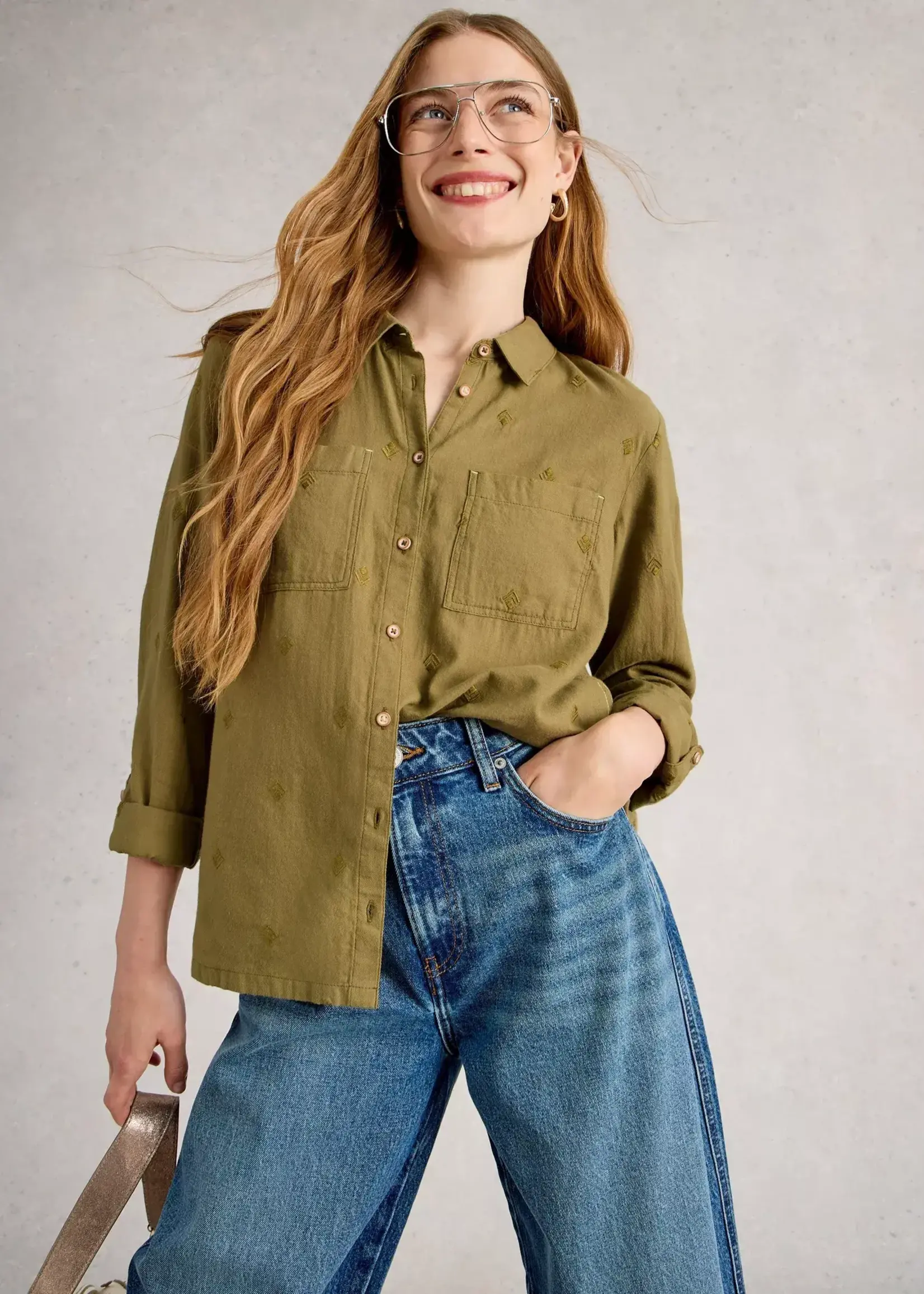 WHITE STUFF WHITE STUFF SOPHIE OC LONG SLEEVE SHIRT KHAKI