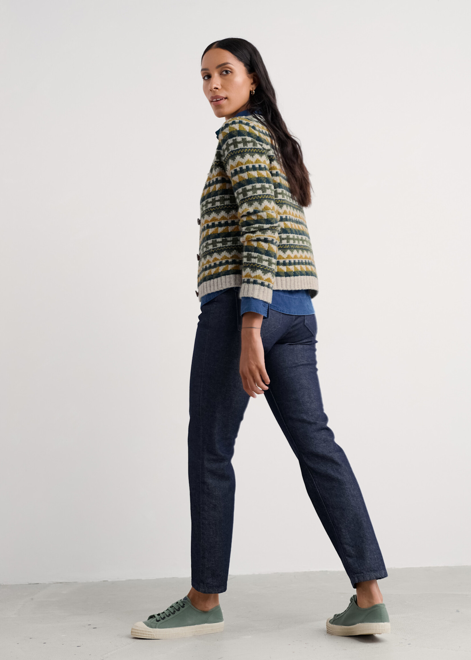 SEASALT CORNWALL SEASALT DAWSON PICK CARDIGAN FAIRISLE ZIG ZAG GEO ALPINE GALLEY MIX