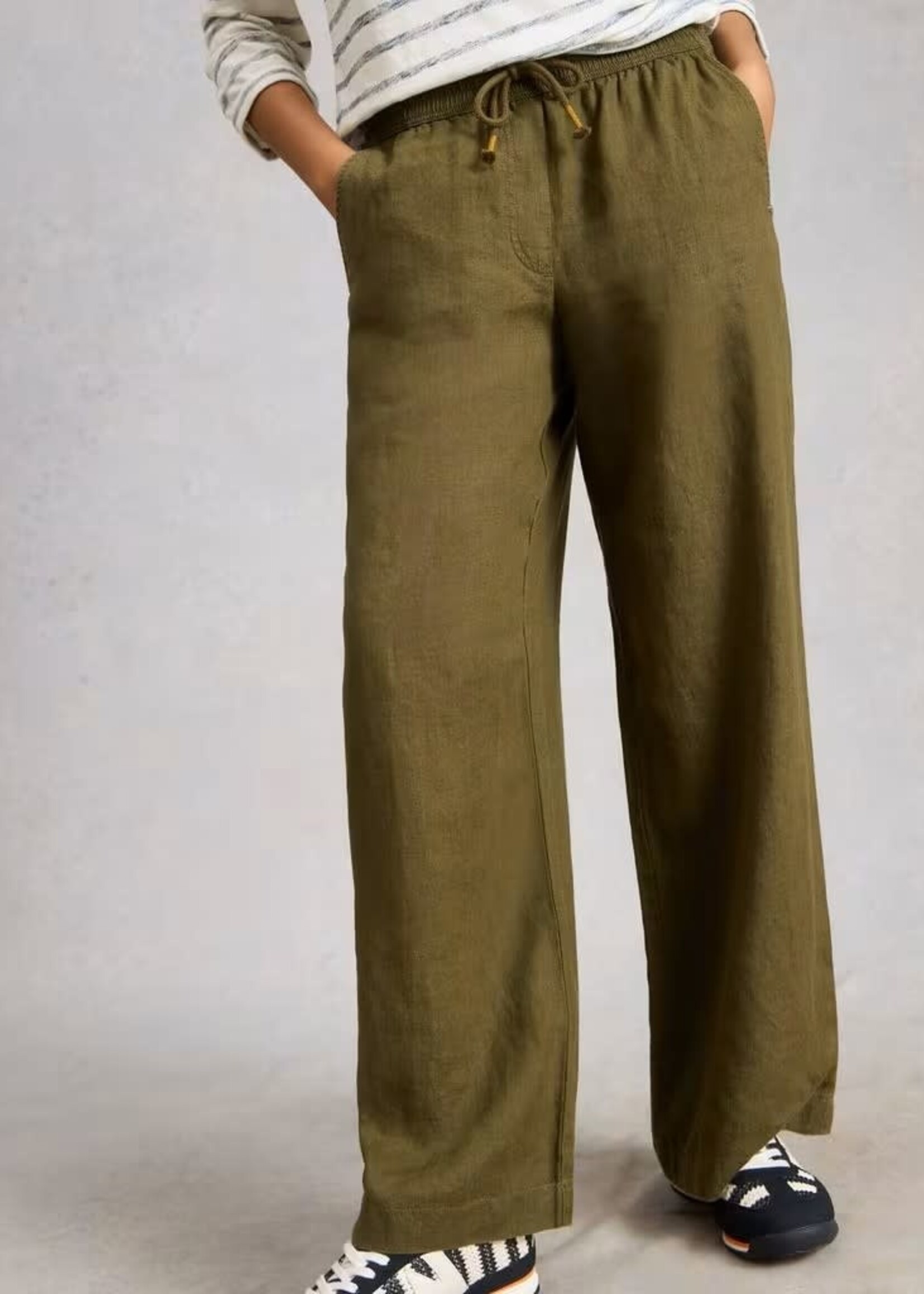 WHITE STUFF WHITE STUFF ALLY LINEN WIDE LEG TROUSER KHAKI GREEN