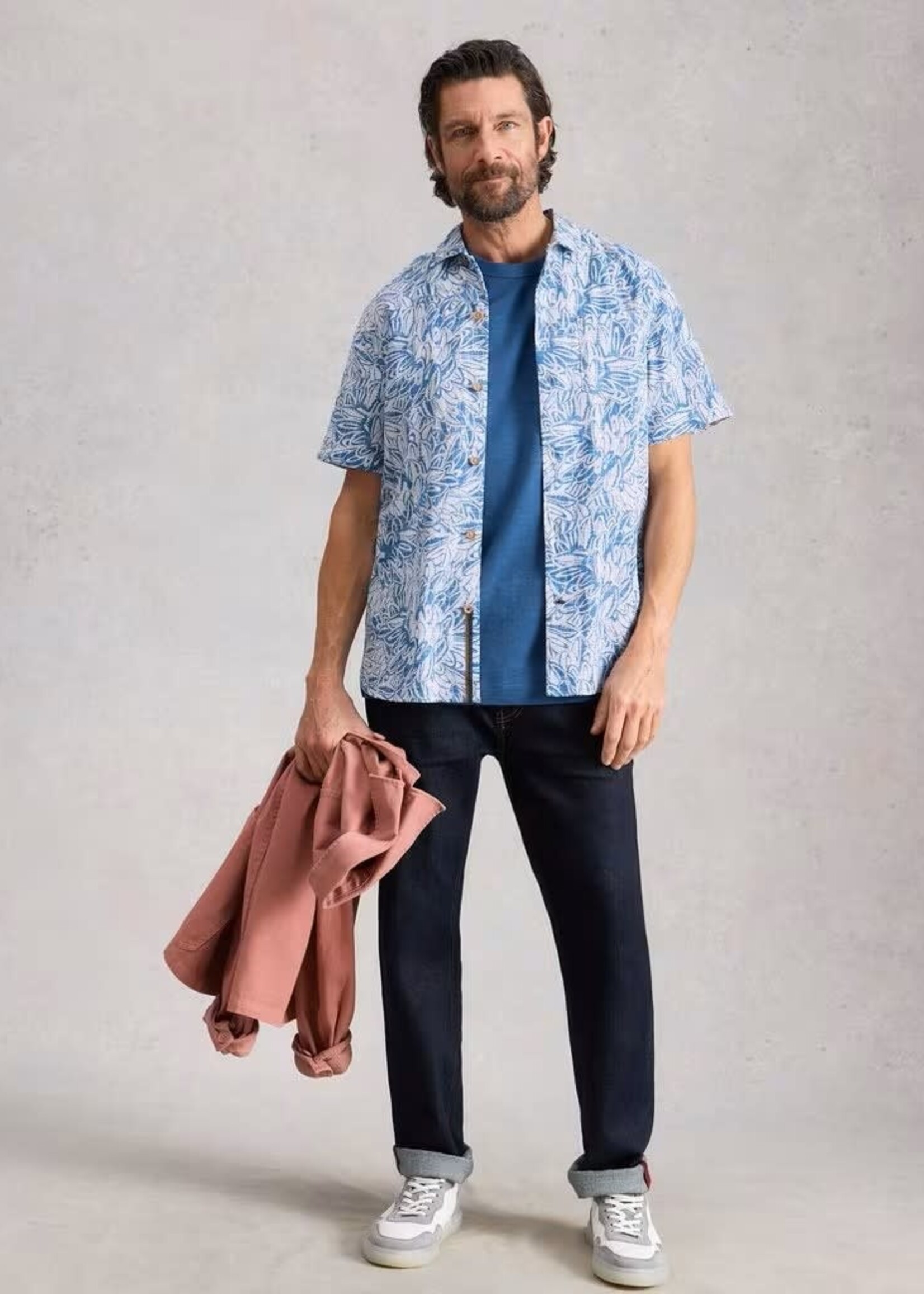 WHITE STUFF WHITE STUFF HAYLE SS LEAF PRINT SHIRT WHITE PRINT NAVY