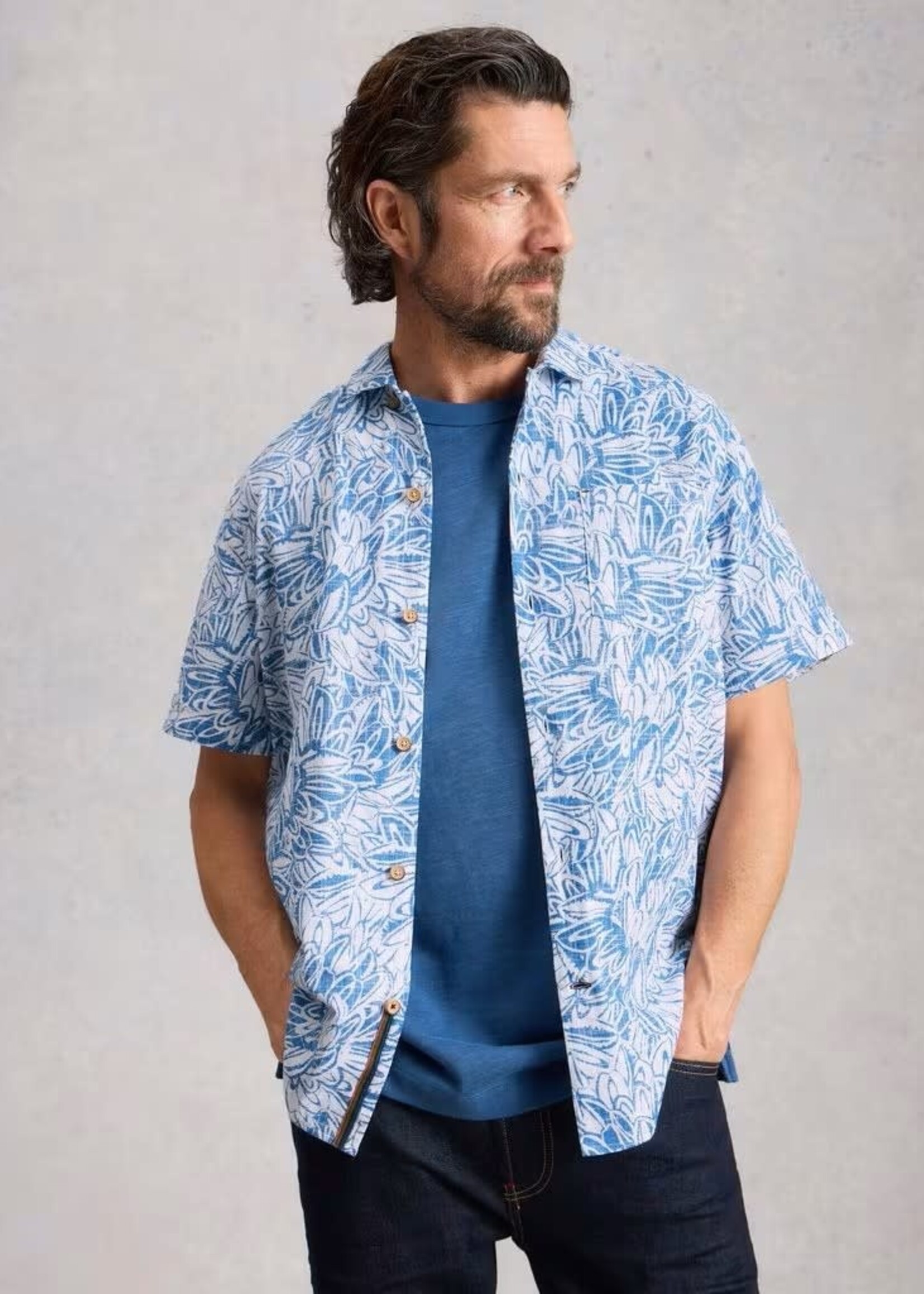 WHITE STUFF WHITE STUFF HAYLE SS LEAF PRINT SHIRT WHITE PRINT NAVY