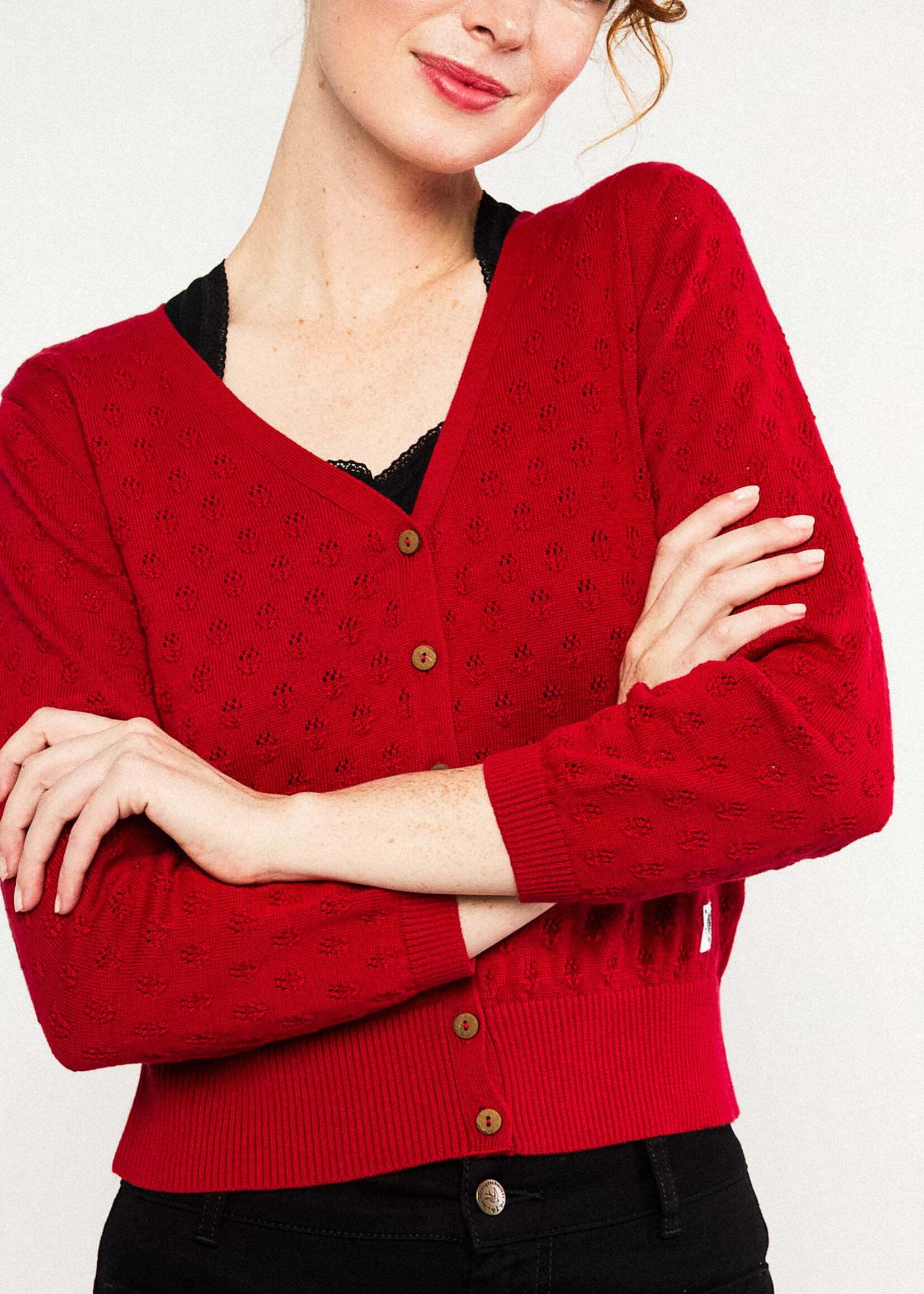 BLUTSGESCHWISTER BLUTSGESCHWISTER SWEET PETITE TASTY CHERRY KNIT CARDIGAN