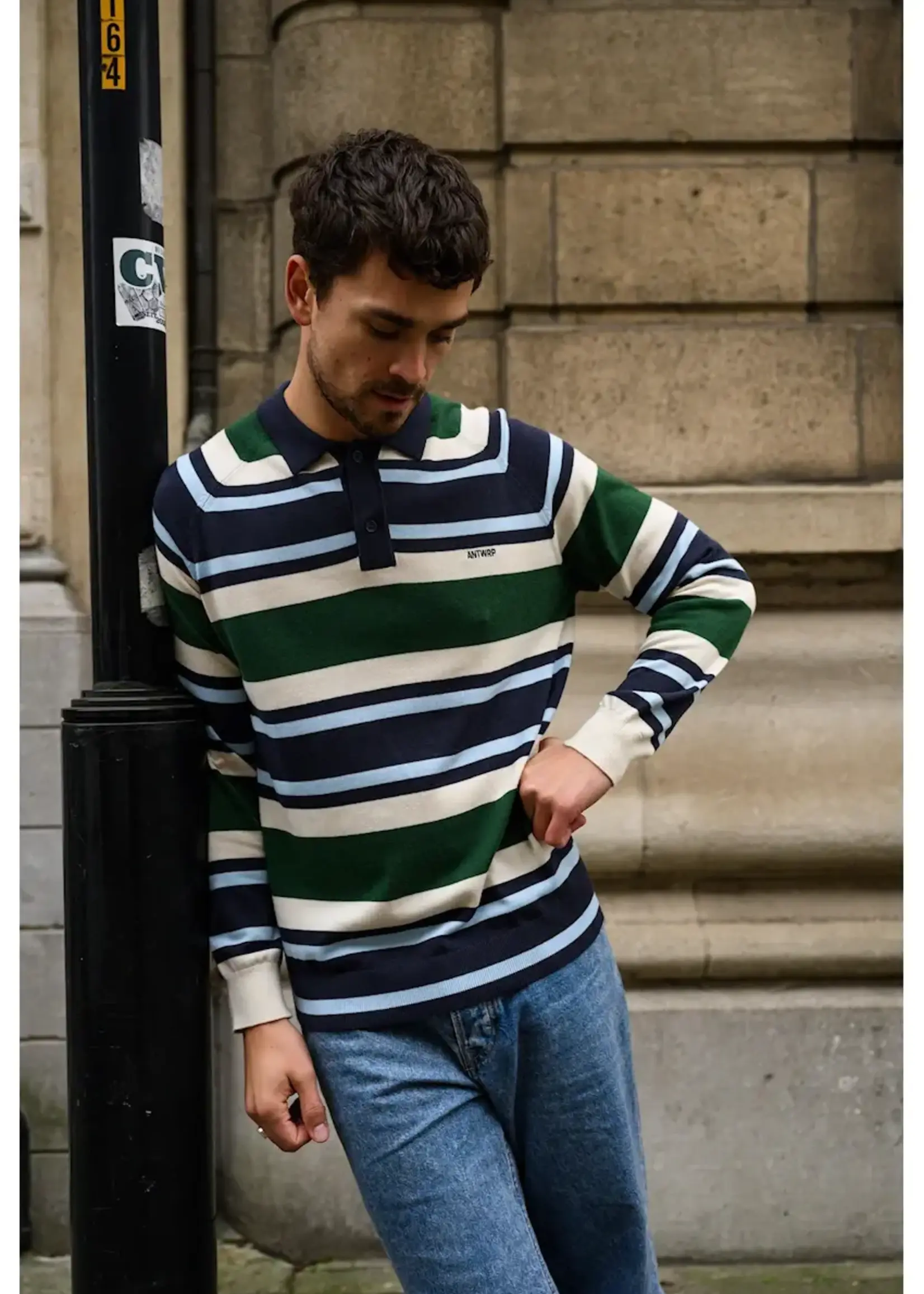 ANTWRP ANTWRP STRIPED KNITTED LS POLO RAGLAN INK BLUE GREEN