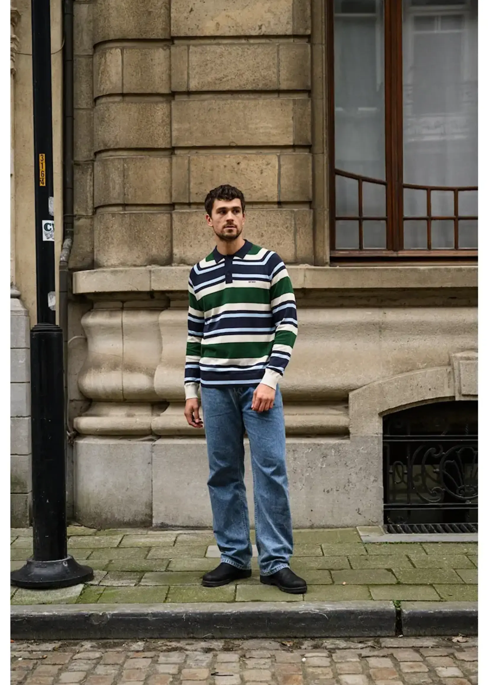 ANTWRP ANTWRP STRIPED KNITTED LS POLO RAGLAN INK BLUE GREEN