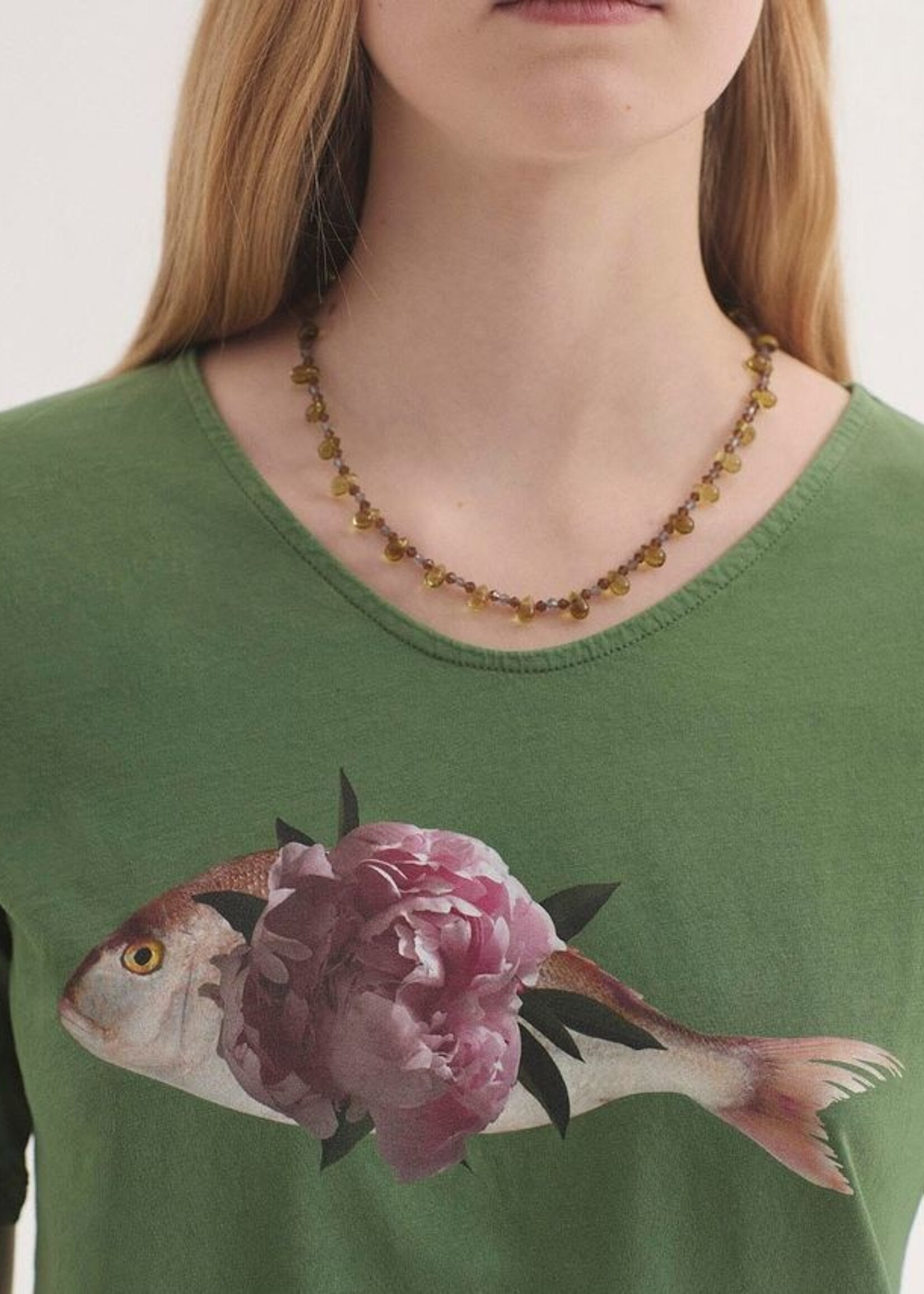NICE THINGS NICE THINGS PEONIA FISH COTTON T SHIRT KHAKI