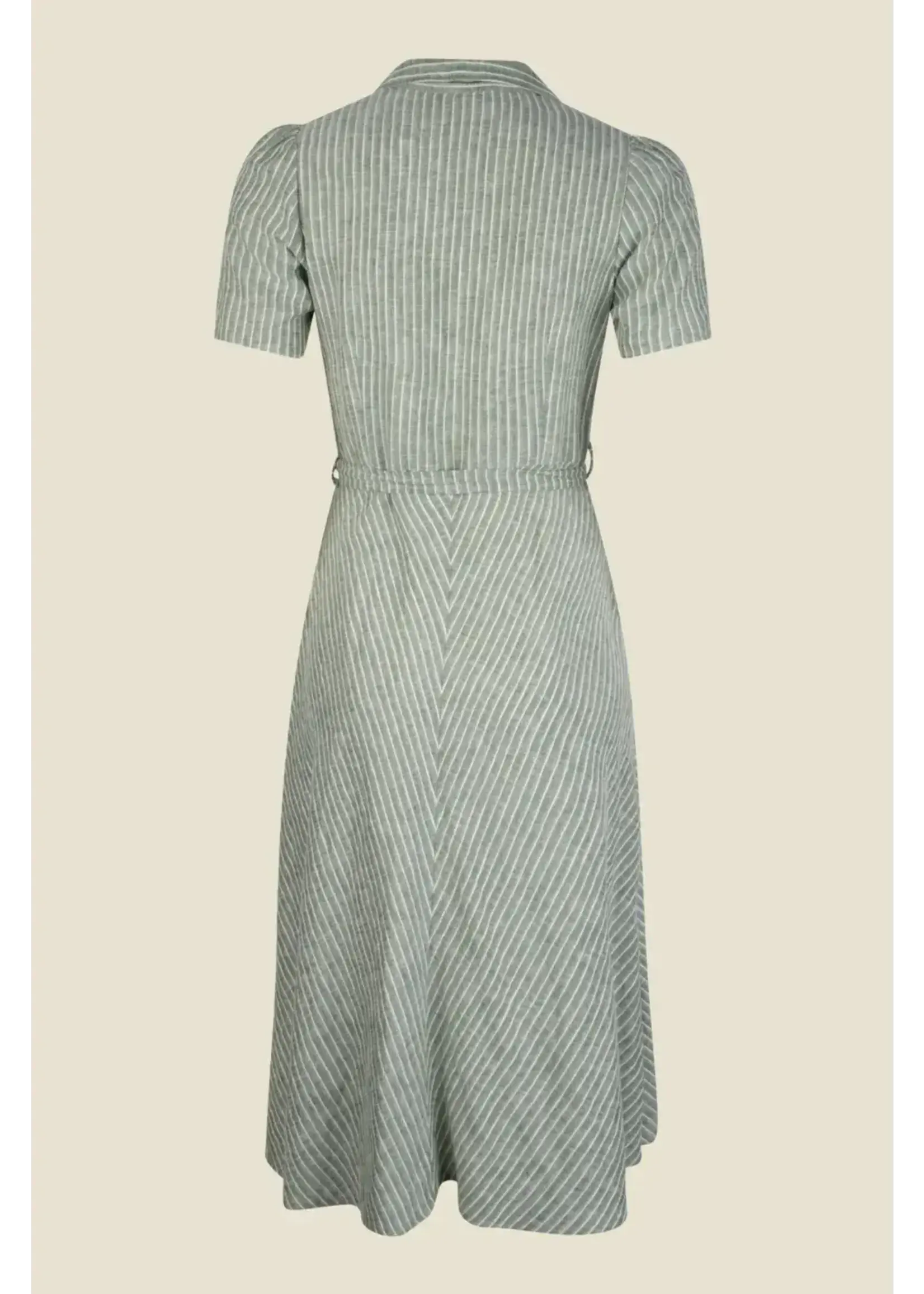 VERY CHERRY VERY CHERRY REVERS DRESS MIDI LINEN STRIPE OLIVE