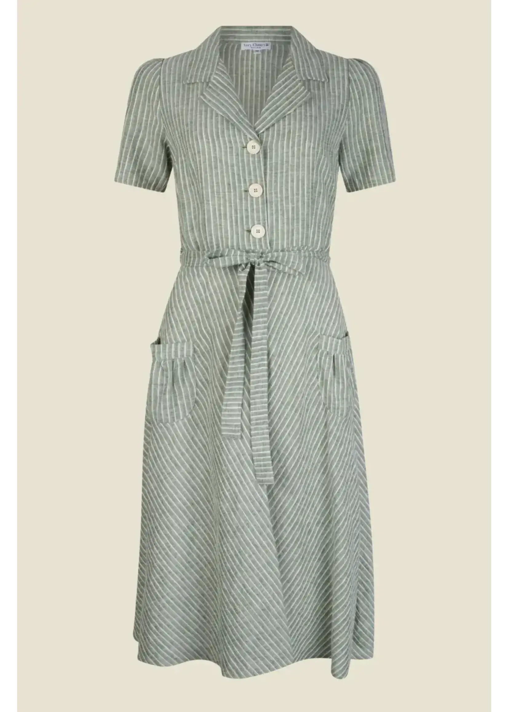 VERY CHERRY VERY CHERRY REVERS DRESS MIDI LINEN STRIPE OLIVE