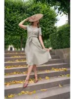 VERY CHERRY VERY CHERRY REVERS DRESS MIDI LINEN STRIPE OLIVE