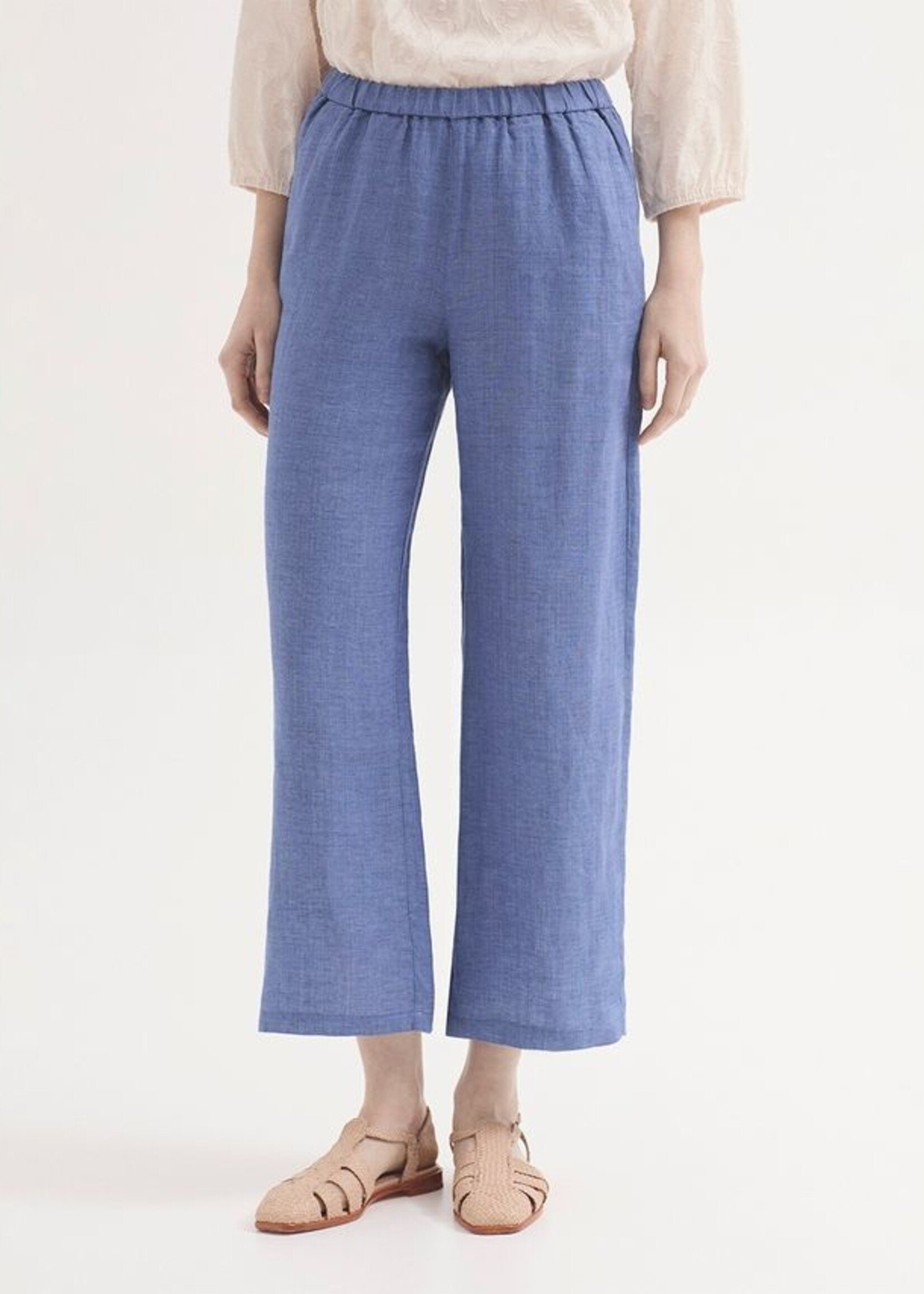 NICE THINGS NICE THINGS ELASTIC WAIST 100% LINEN TROUSER SHINY BLUE