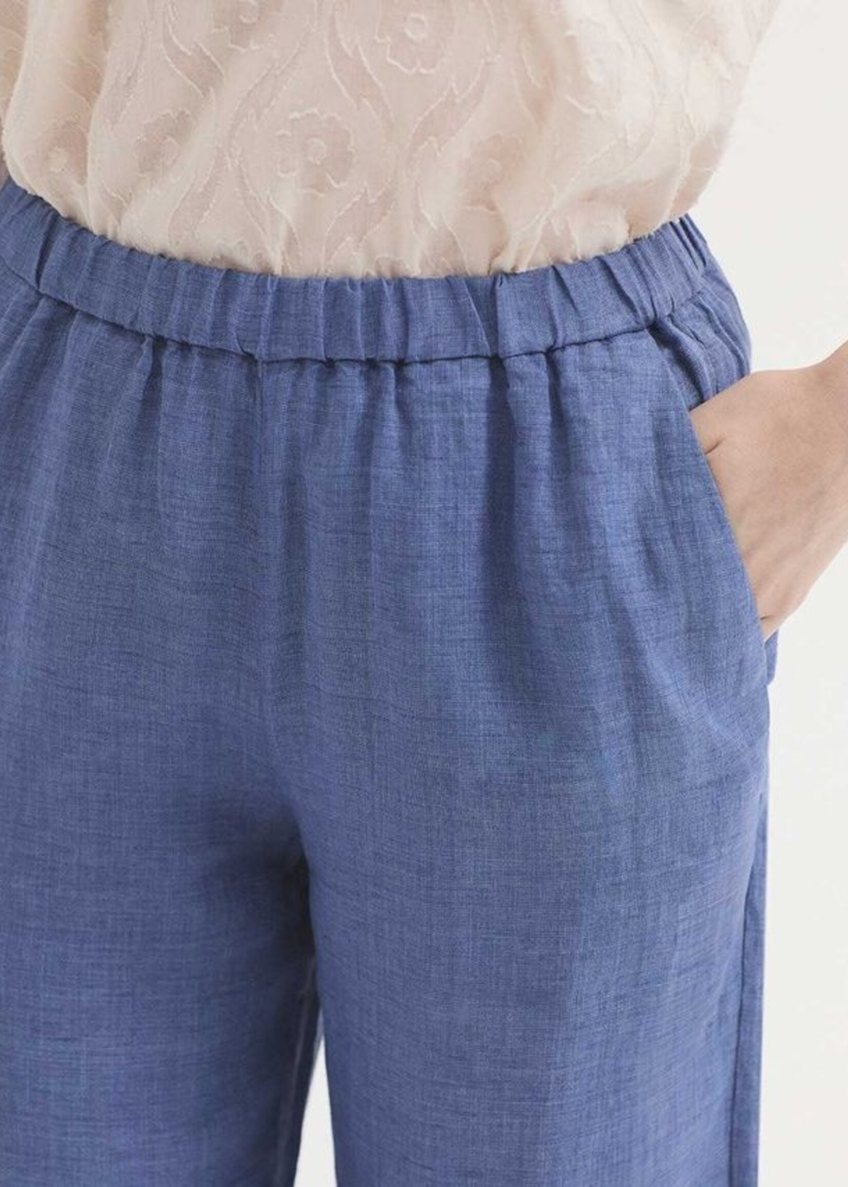 NICE THINGS NICE THINGS ELASTIC WAIST 100% LINEN TROUSER SHINY BLUE