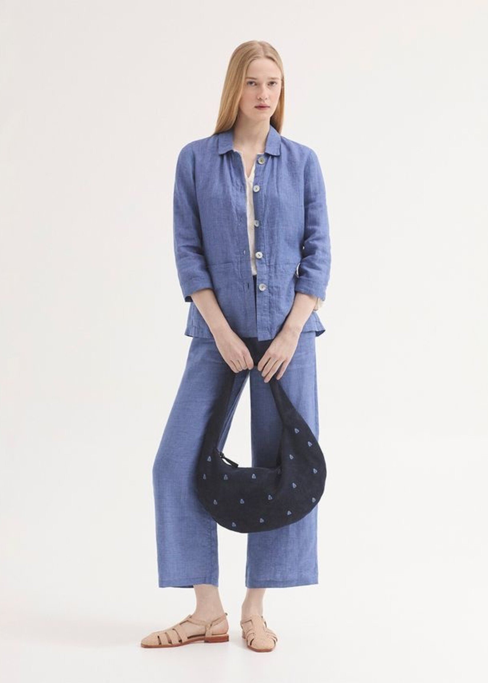 NICE THINGS NICE THINGS ELASTIC WAIST 100% LINEN TROUSER SHINY BLUE