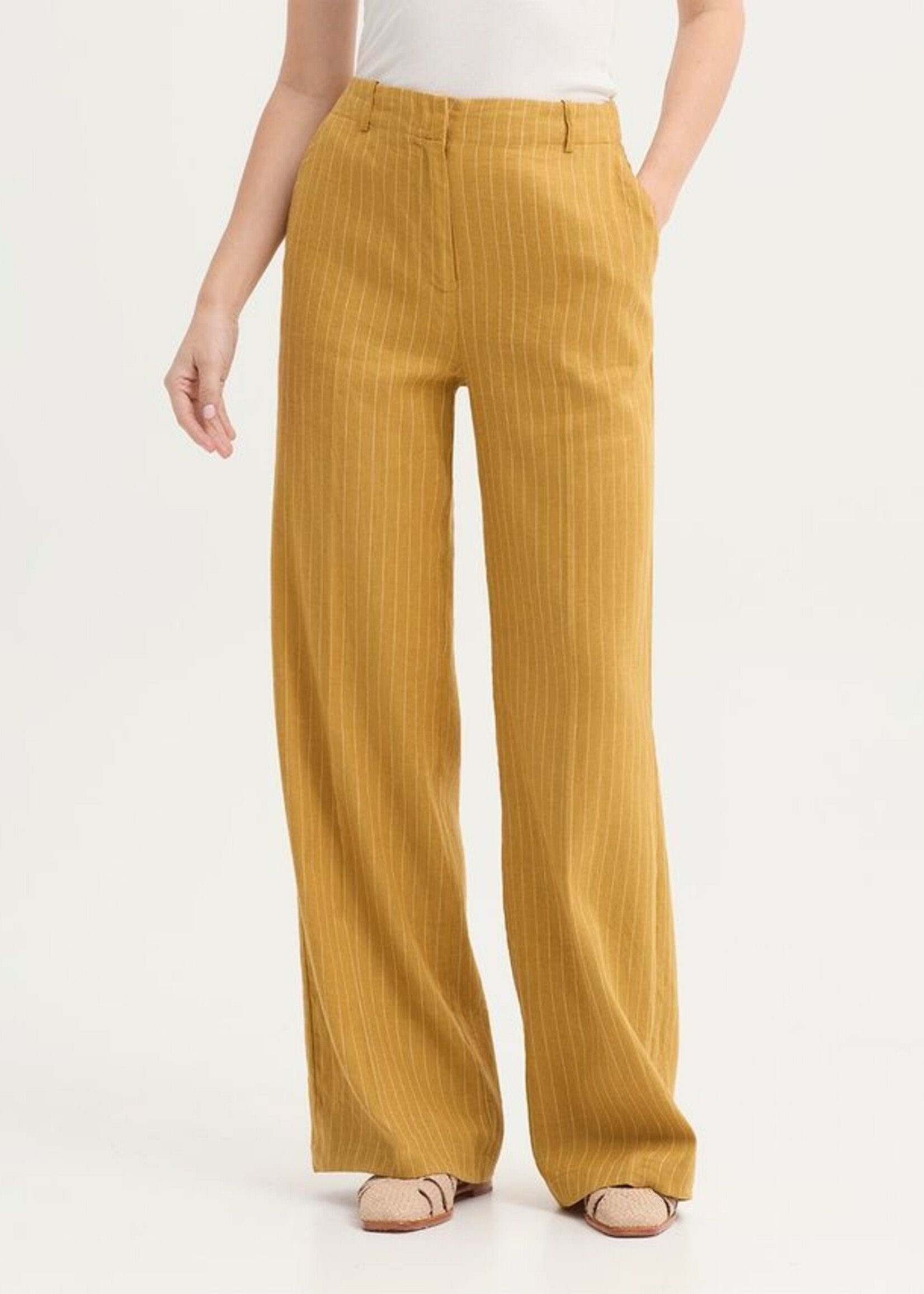 NICE THINGS NICE THINGS LINEN COTTON PINE STRIPE TROUSER DARK YELLOW